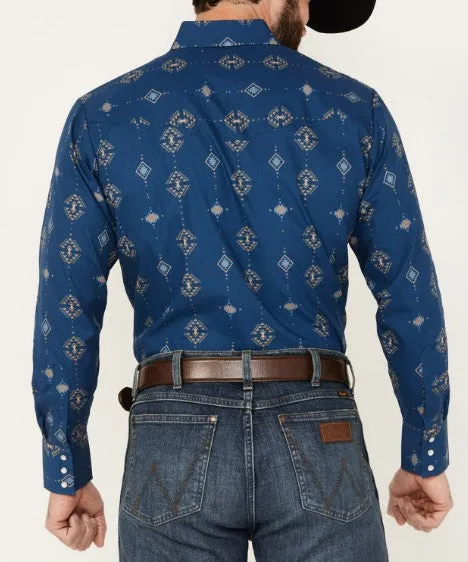 Men's Ely Cattleman Long Sleeve All Over Southwestern Print Western Snap Shirt - Blue 152027089