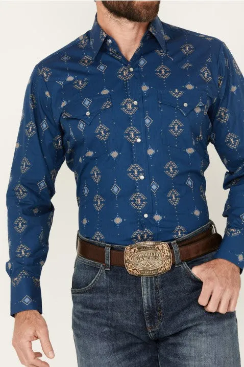 Men's Ely Cattleman Long Sleeve All Over Southwestern Print Western Snap Shirt - Blue 152027089