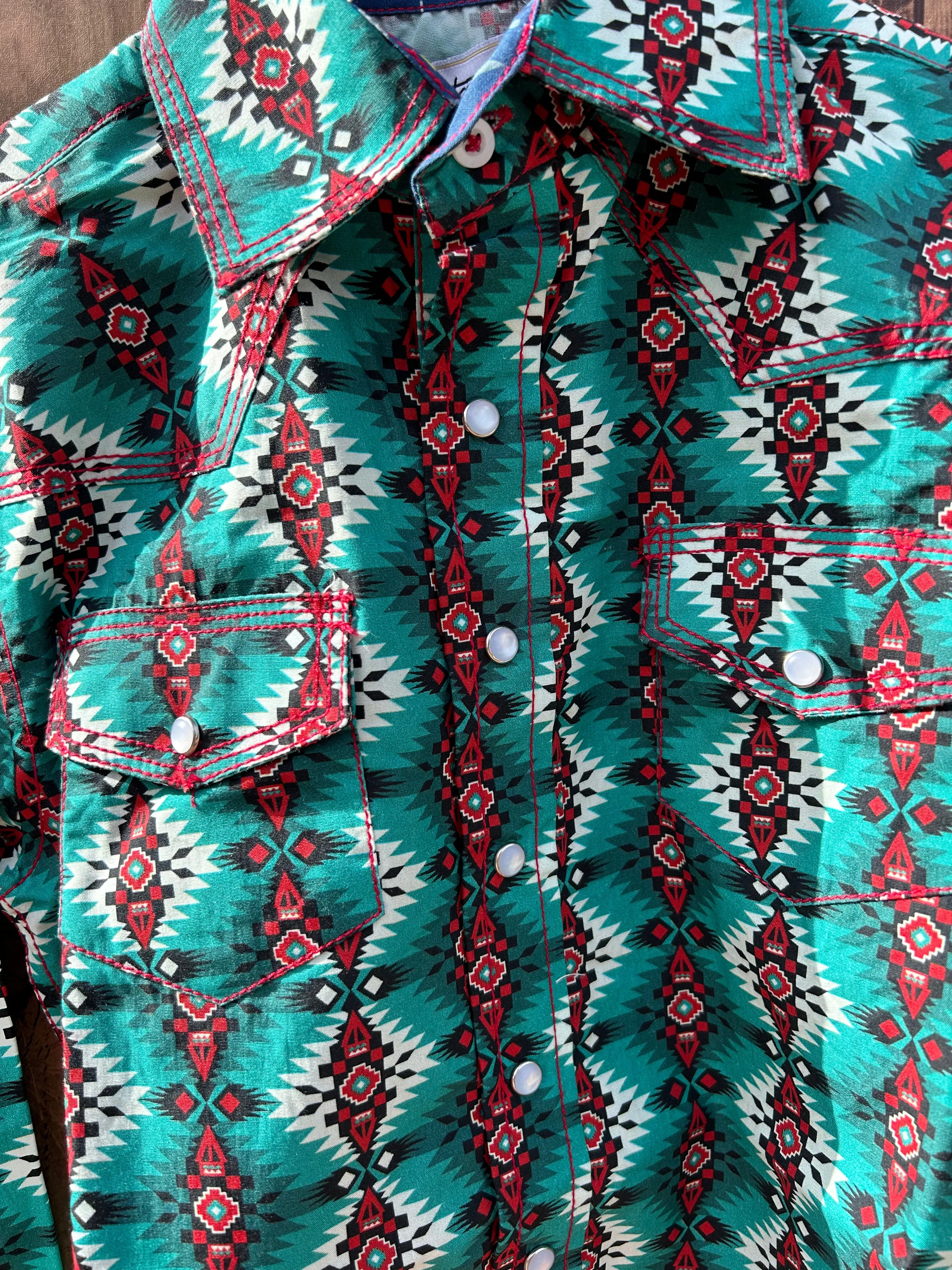 MontanaCo Green Aztec Print Kids Shirt B-1106