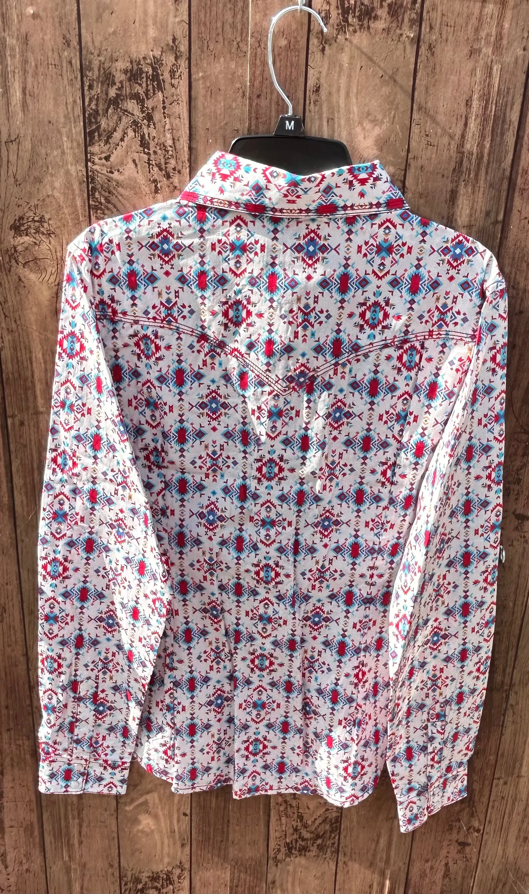 MontanaCo Ladies All Over Aztec Pattern in Red & Blue Western Blouse L-1110