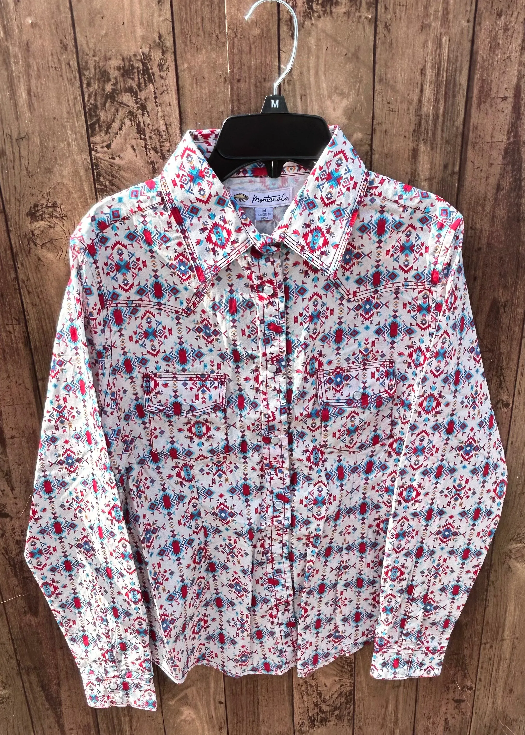 MontanaCo Ladies All Over Aztec Pattern in Red & Blue Western Blouse L-1110