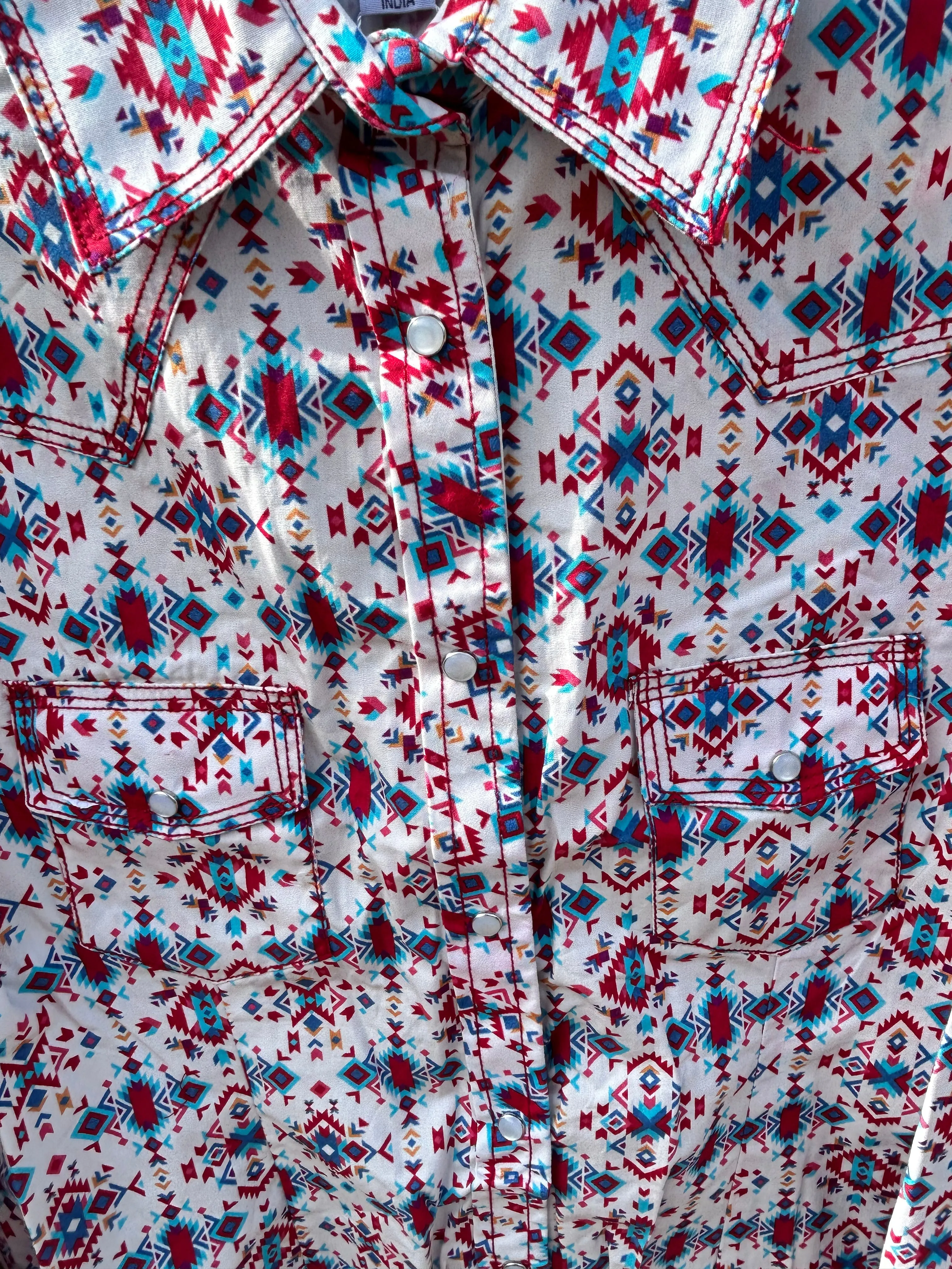 MontanaCo Ladies All Over Aztec Pattern in Red & Blue Western Blouse L-1110
