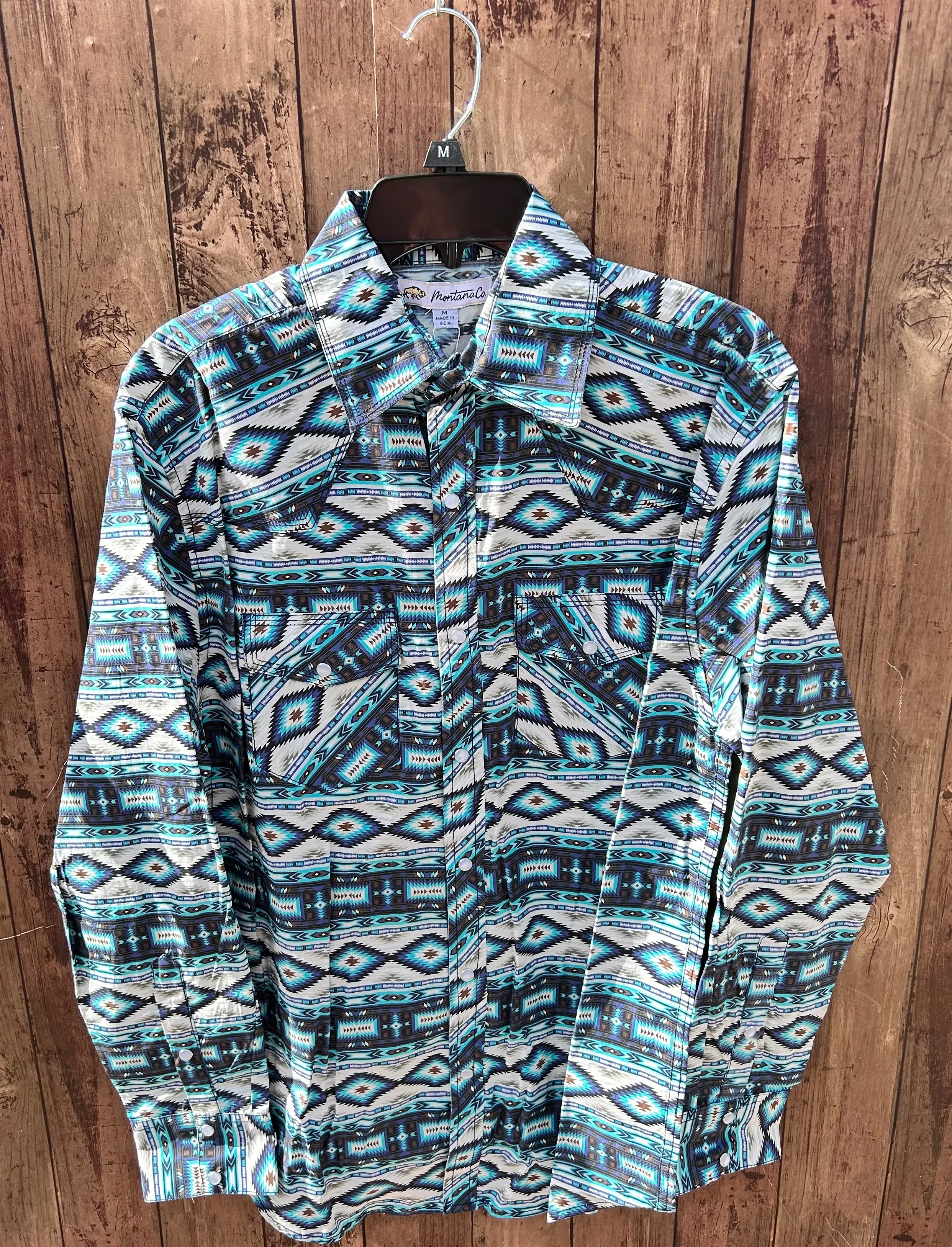MontanaCo Men's Long Sleeved All Over Aztec in Blue Print Western Snap Shirt M-1105