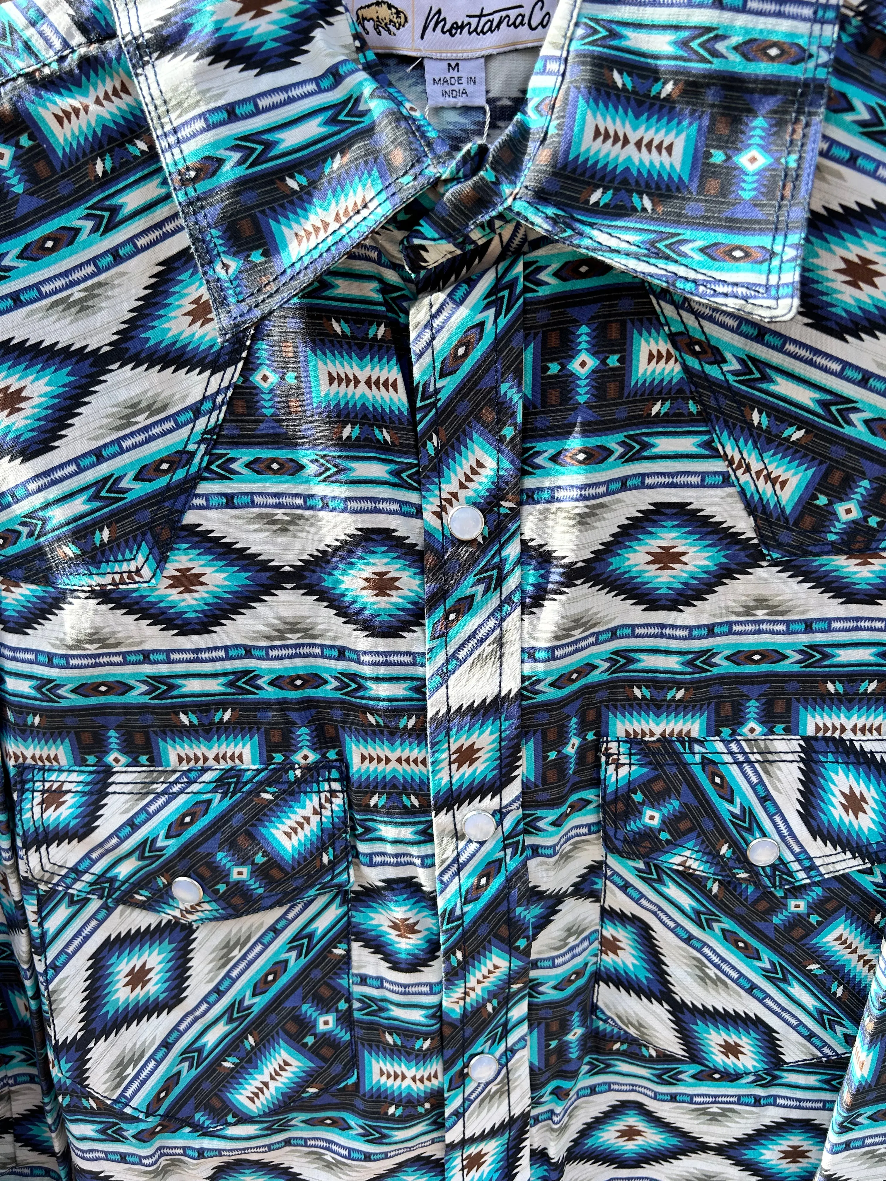 MontanaCo Men's Long Sleeved All Over Aztec in Blue Print Western Snap Shirt M-1105