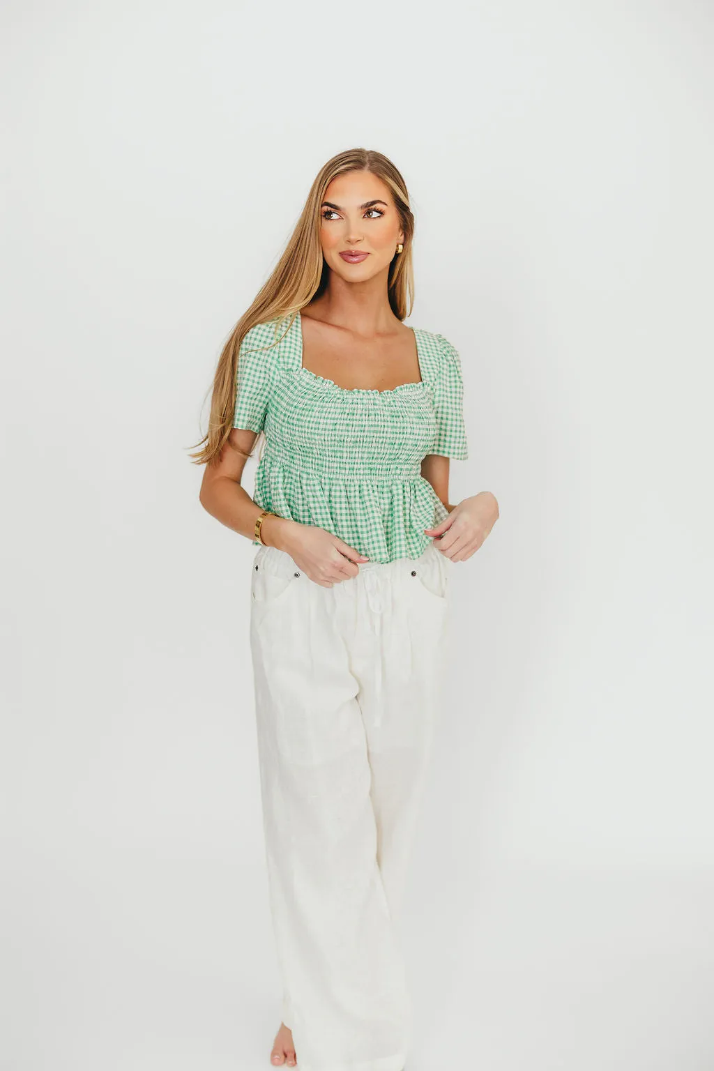 Murphy Smocked Puff Sleeve Blouse in Green