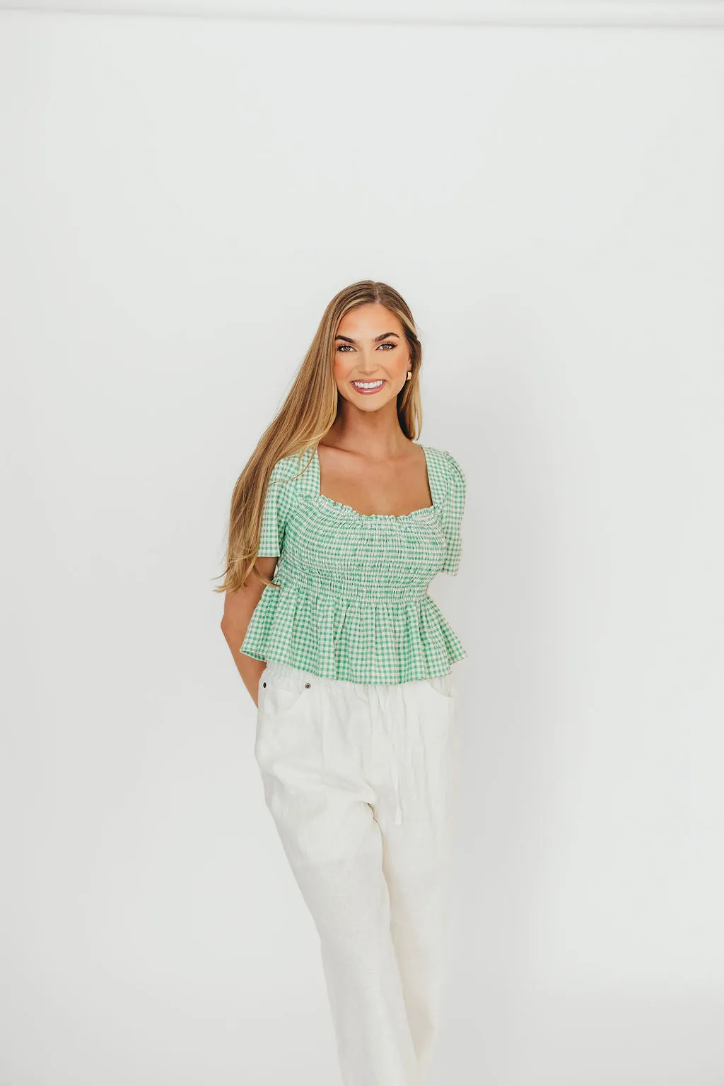 Murphy Smocked Puff Sleeve Blouse in Green