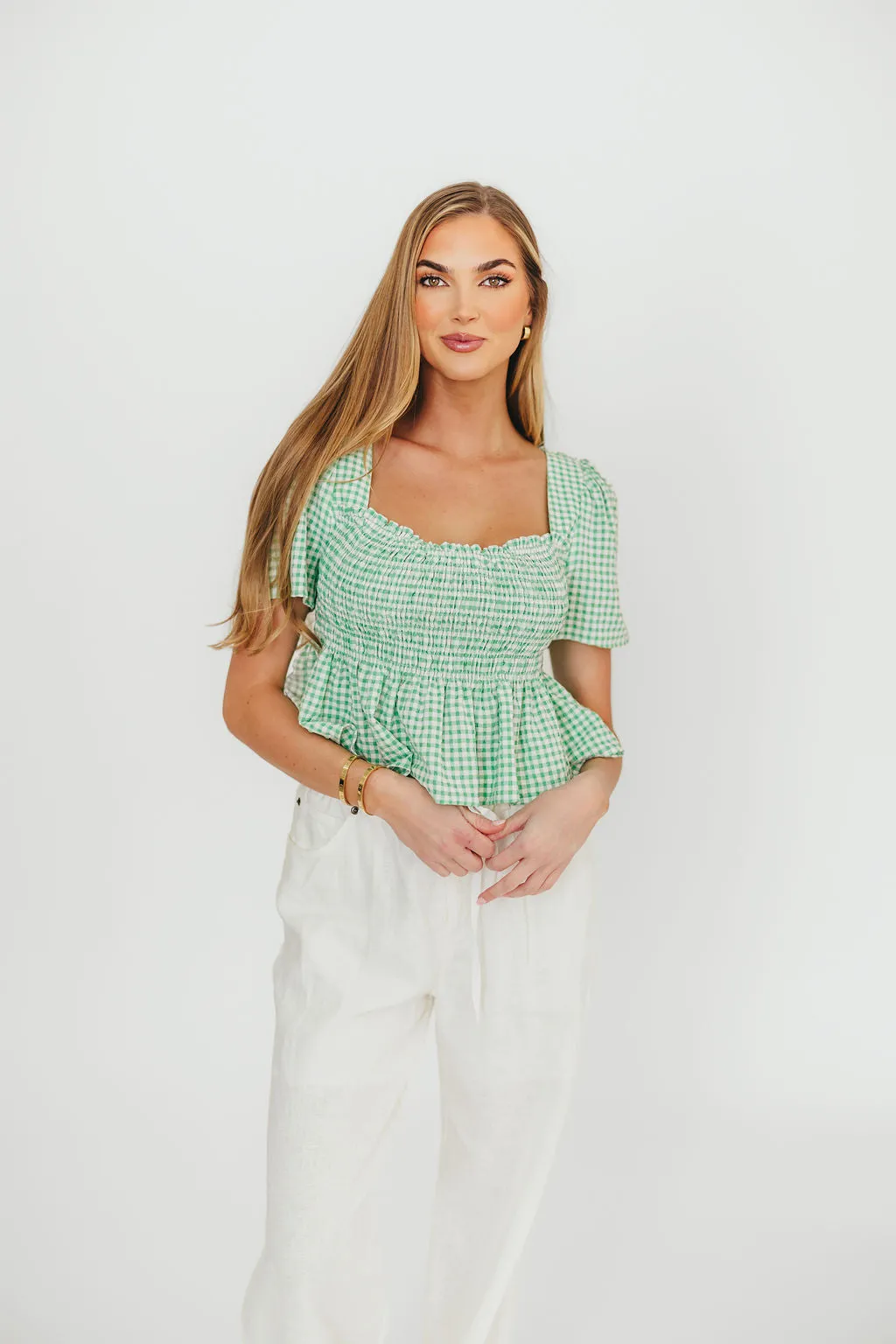 Murphy Smocked Puff Sleeve Blouse in Green