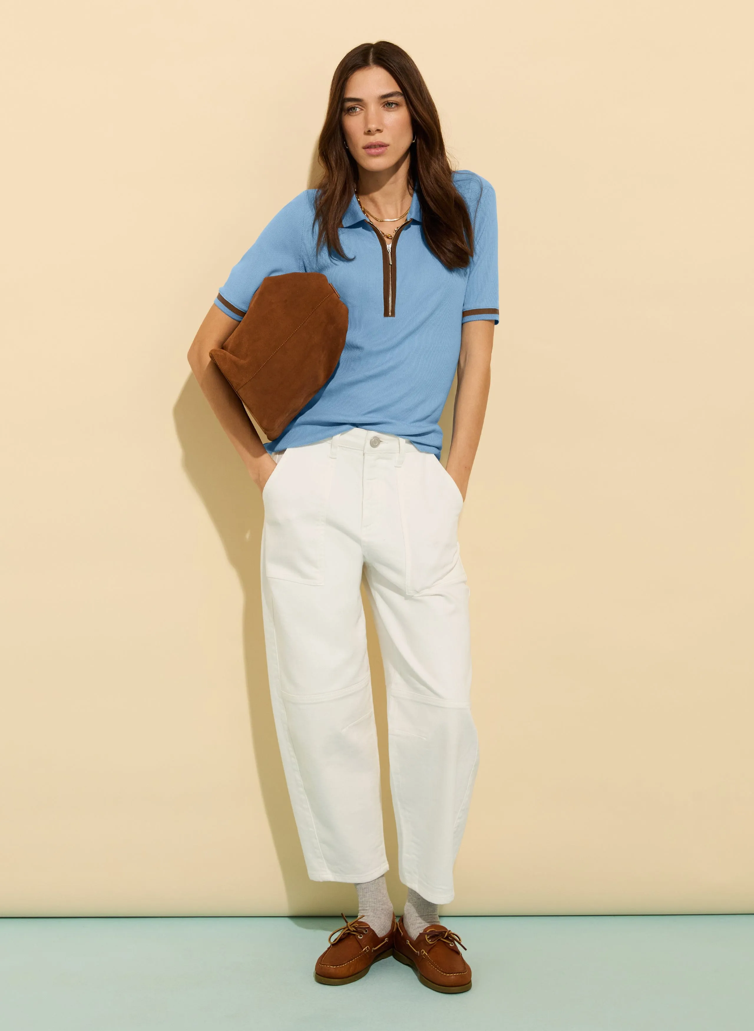 Naomi Organic Cotton Rib Zip Collar Top | Fresh Blue & Milk Chocolate