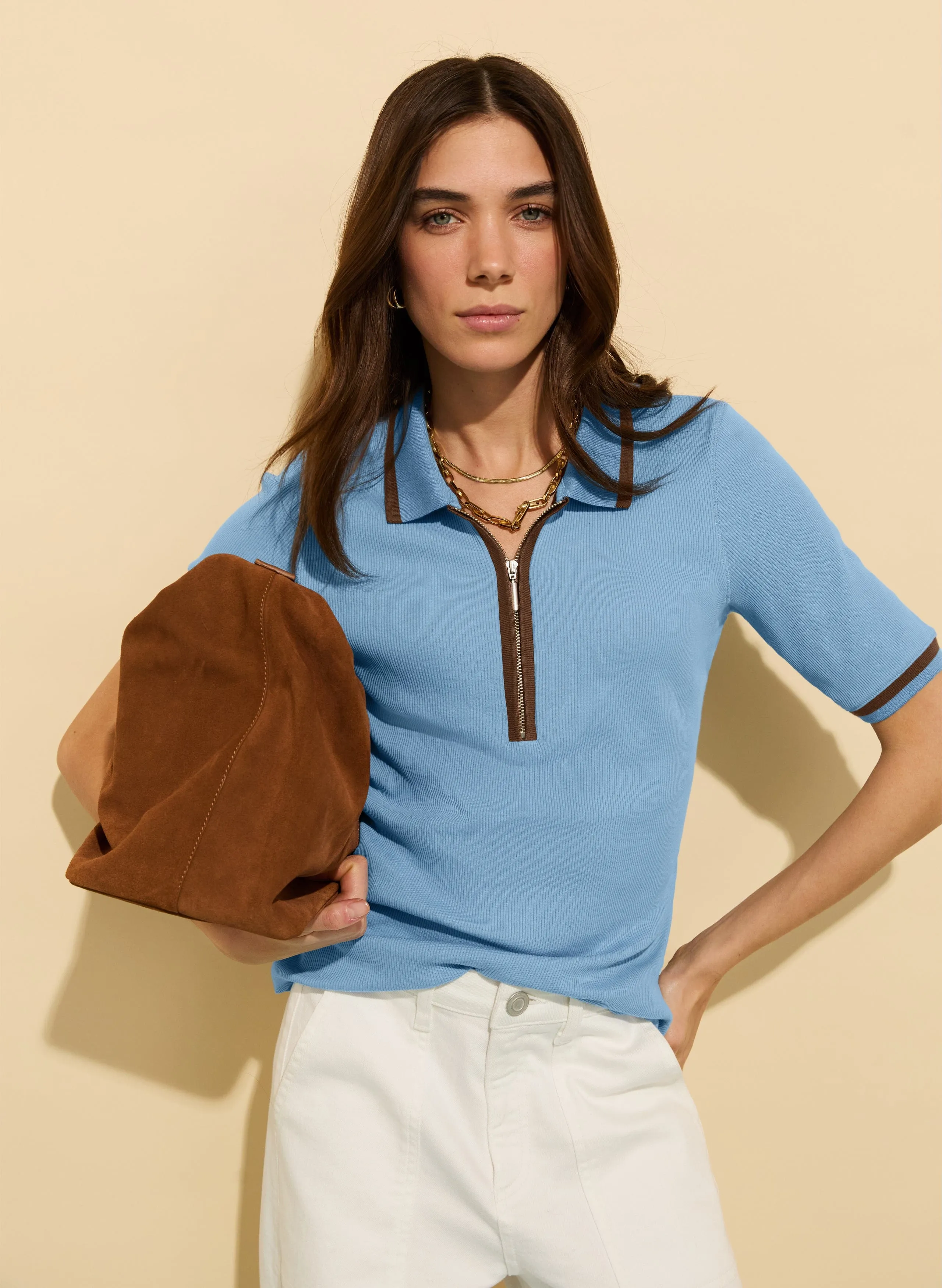 Naomi Organic Cotton Rib Zip Collar Top | Fresh Blue & Milk Chocolate