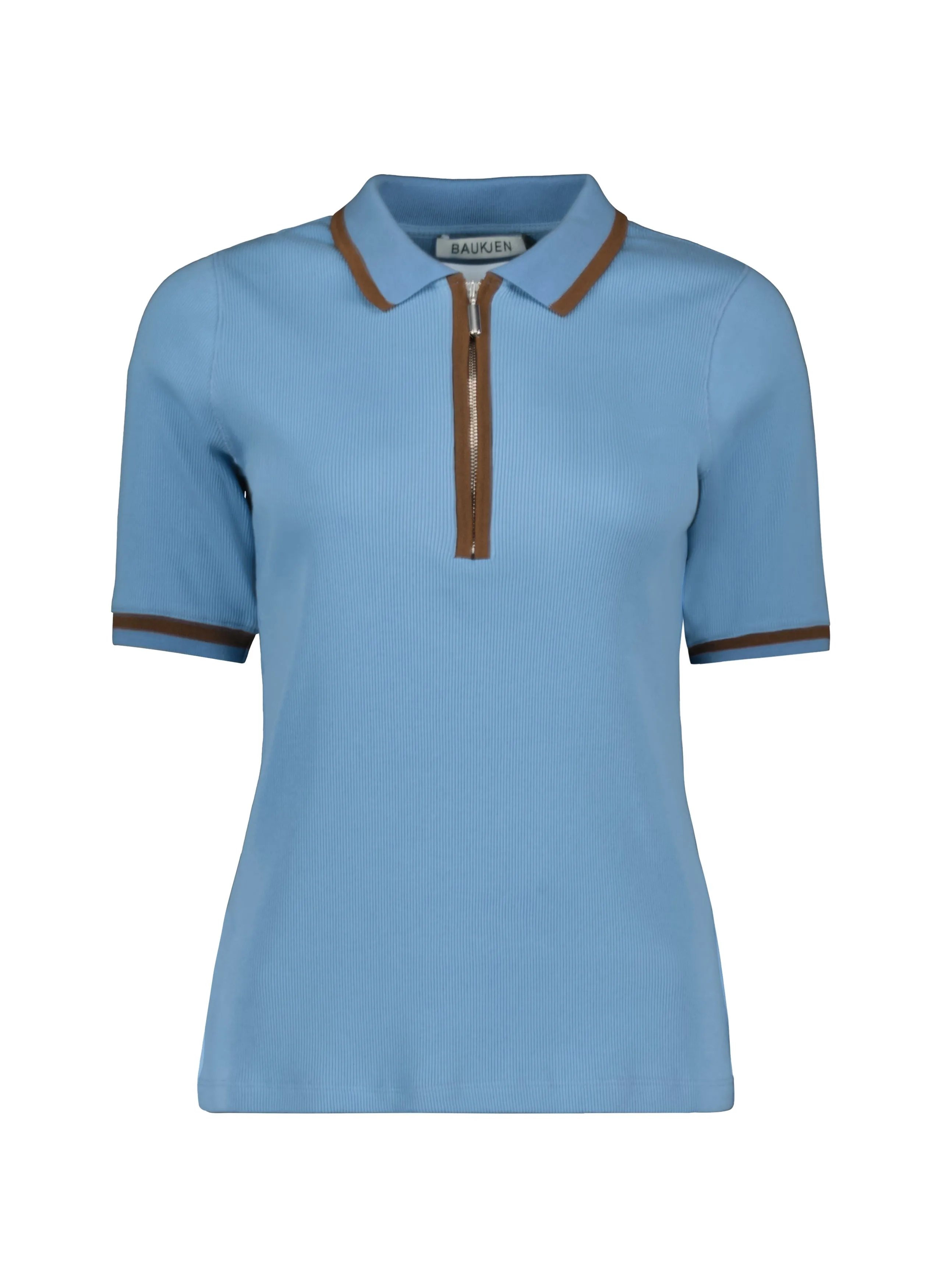Naomi Organic Cotton Rib Zip Collar Top | Fresh Blue & Milk Chocolate