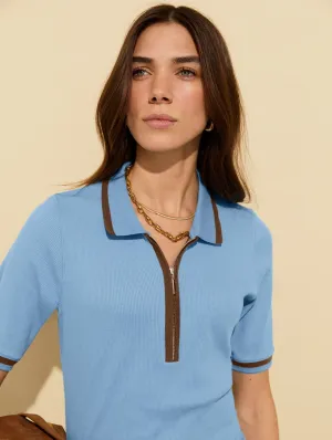 Naomi Organic Cotton Rib Zip Collar Top | Fresh Blue & Milk Chocolate