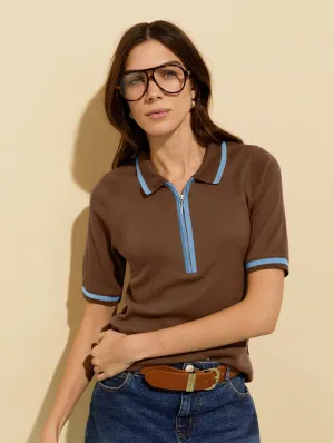 Naomi Organic Cotton Rib Zip Collar Top | Milk Chocolate & Fresh Blue