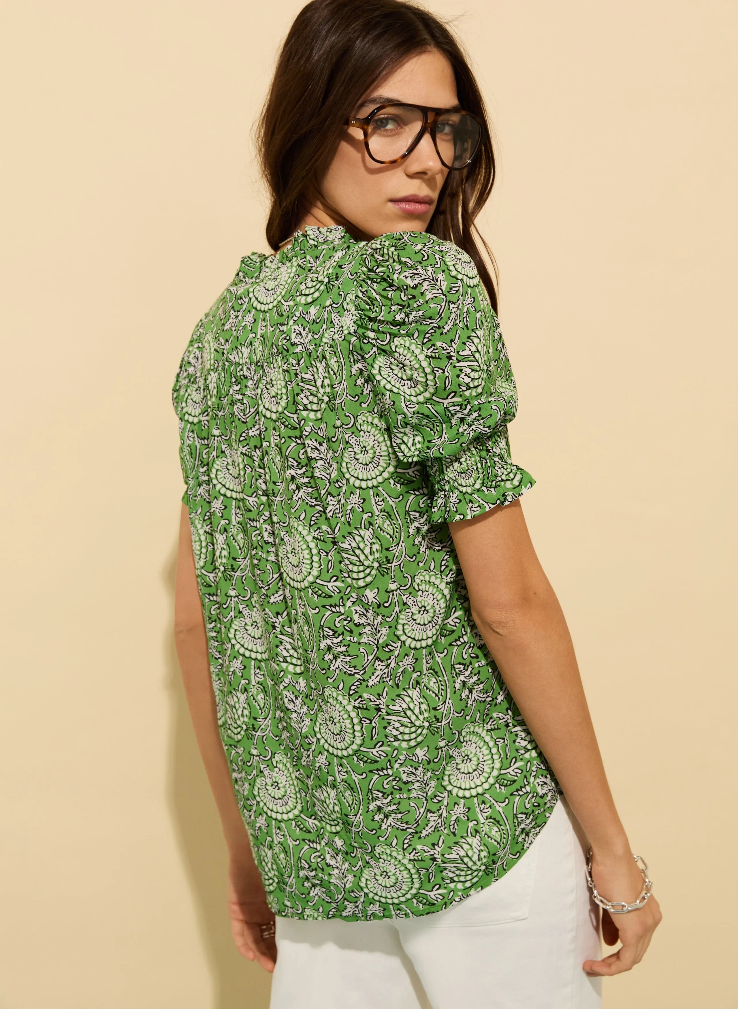 Nolan LENZING™ ECOVERO™ Printed Blouse | Green Woodblock Floral