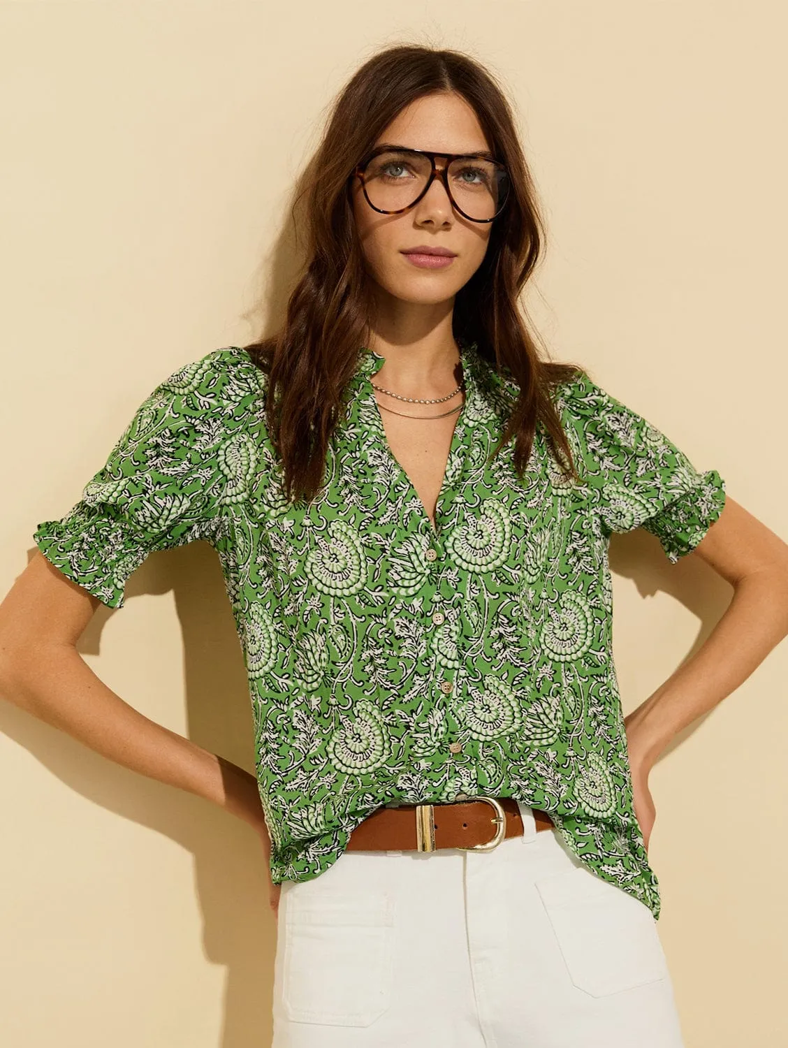 Nolan LENZING™ ECOVERO™ Printed Blouse | Green Woodblock Floral