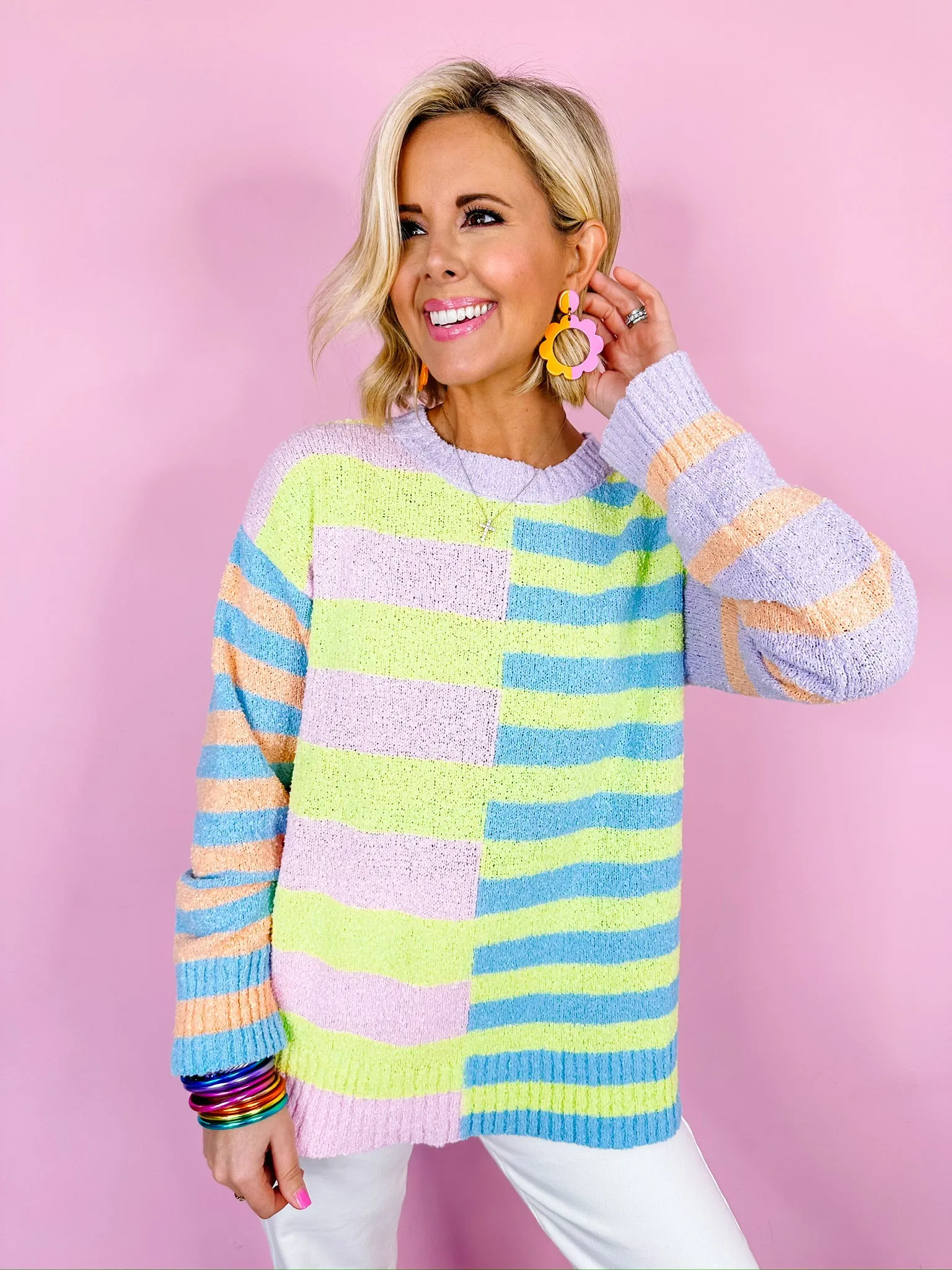 SAY IT AINT SO STRIPE COLORBLOCK SWEATER - GREEN/LAVENDER