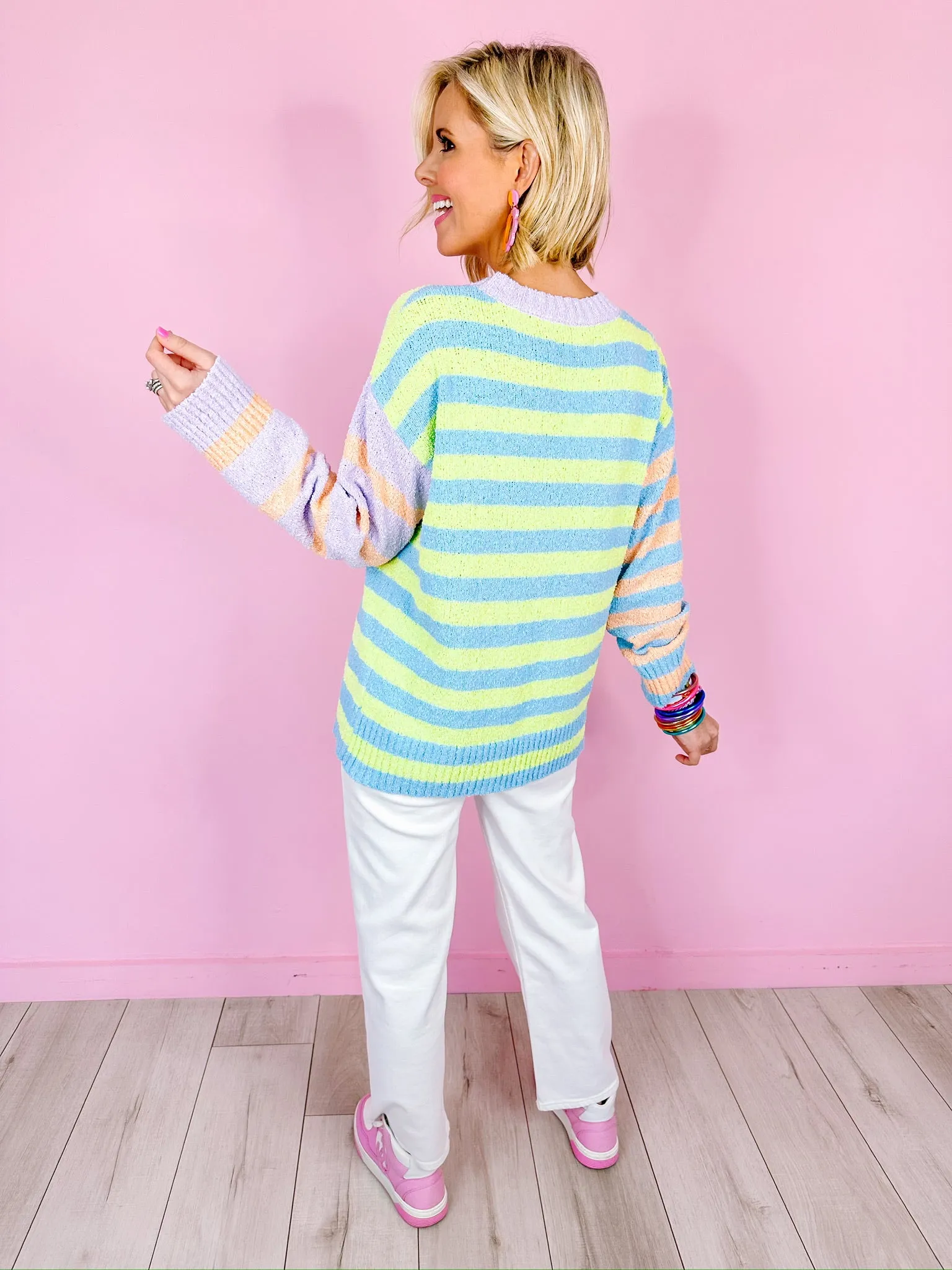 SAY IT AINT SO STRIPE COLORBLOCK SWEATER - GREEN/LAVENDER