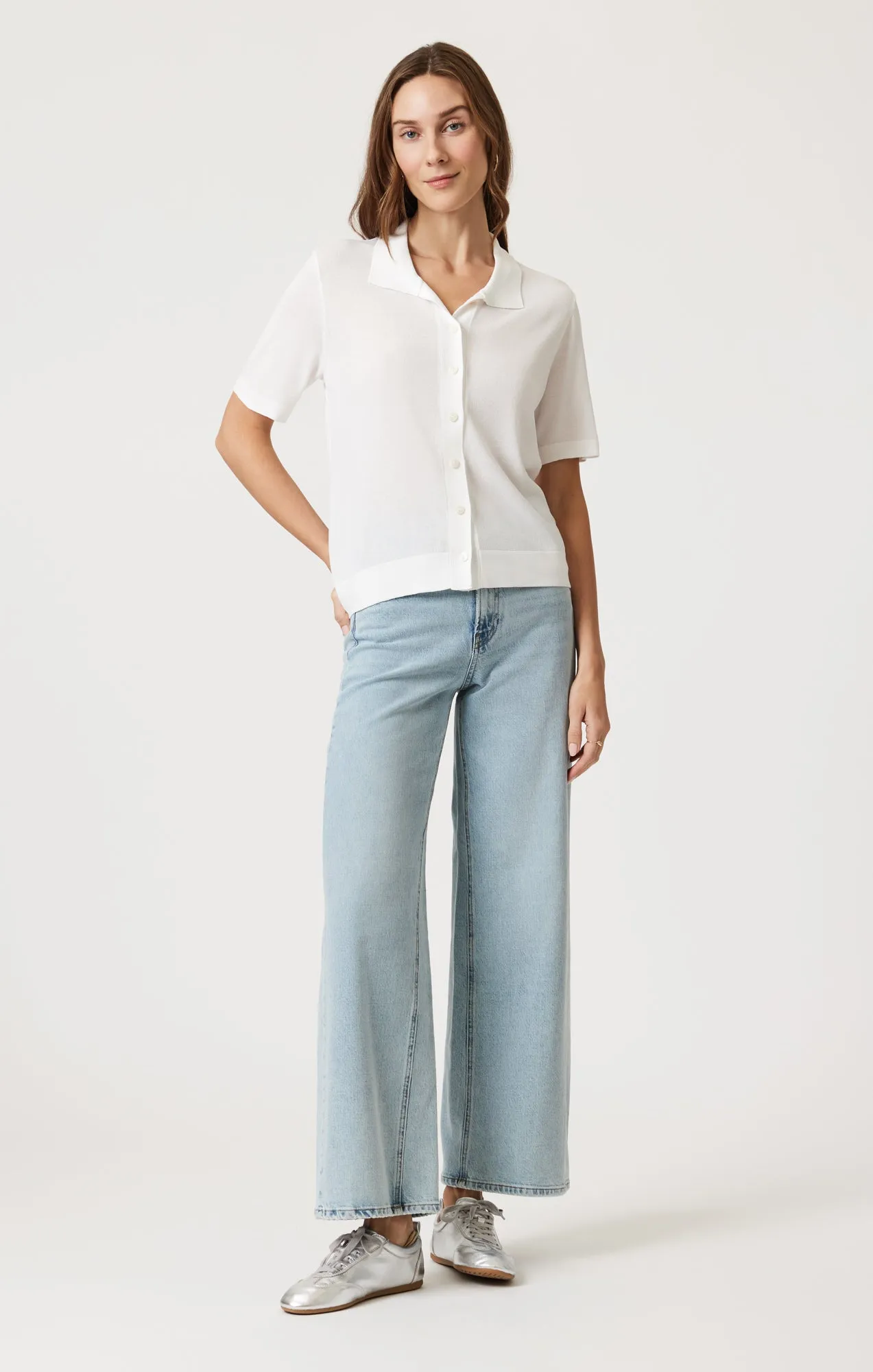SHORT SLEEVE POLO CARDIGAN IN ANTIQUE
