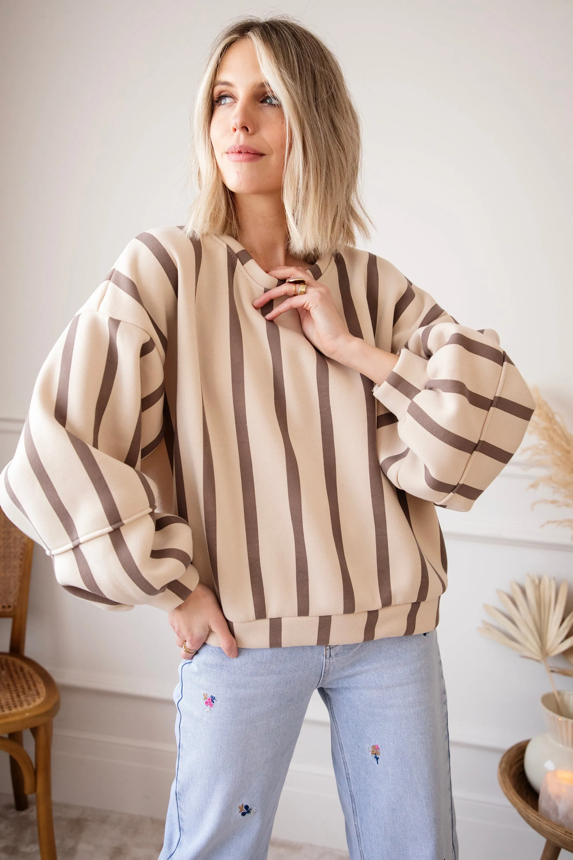 Snuggle Up In Stripes Beige/Brown - Sweater