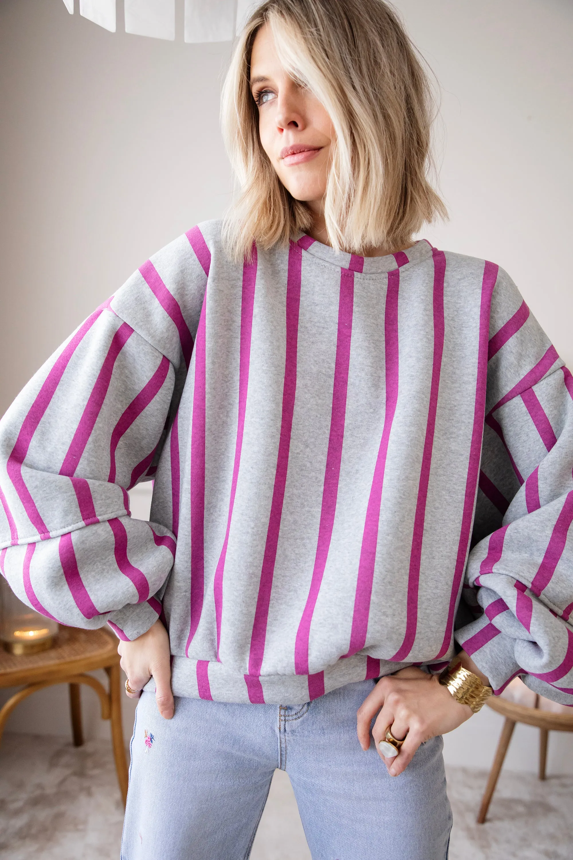 Snuggle Up In Stripes Grey/Plum - Sweater
