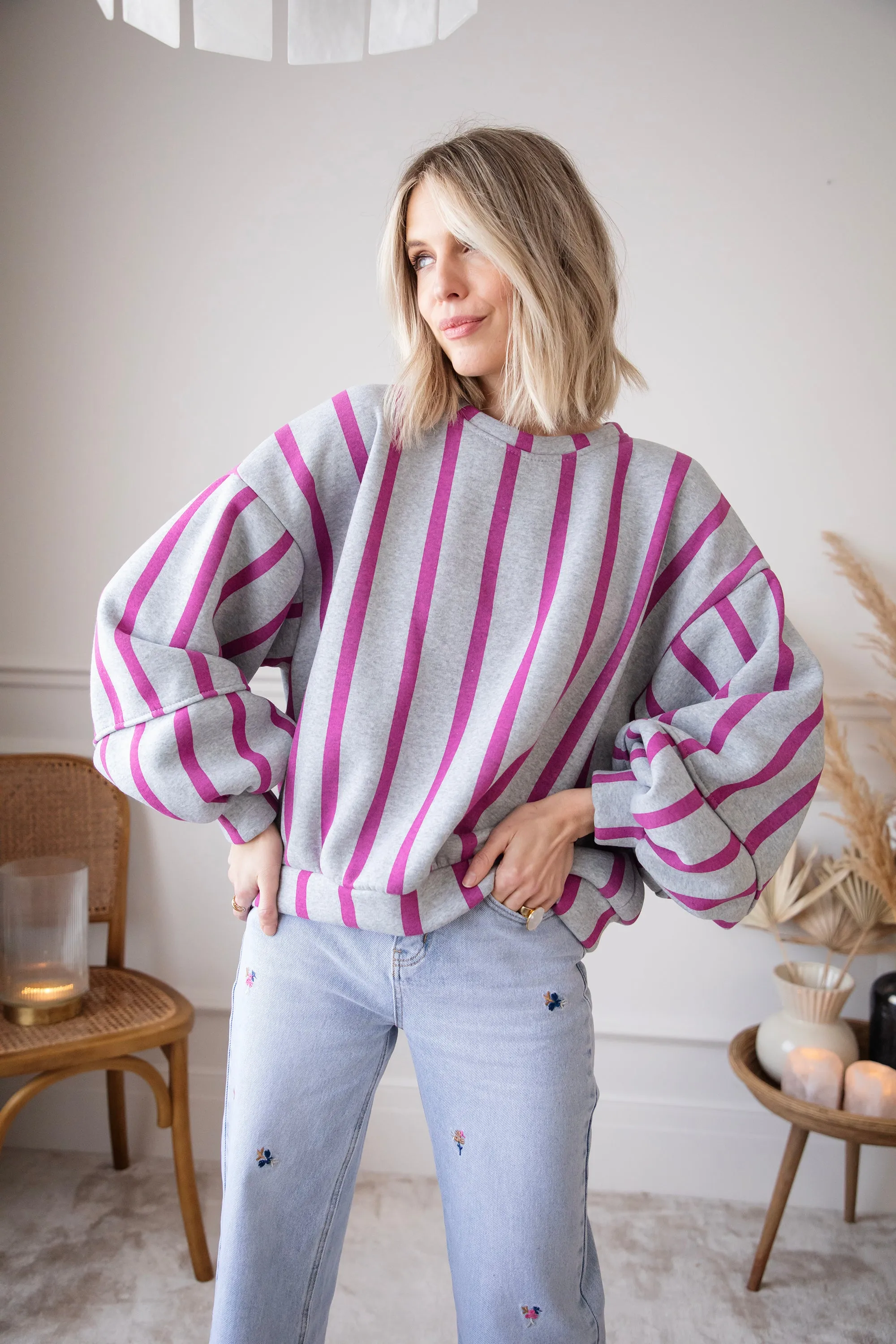 Snuggle Up In Stripes Grey/Plum - Sweater
