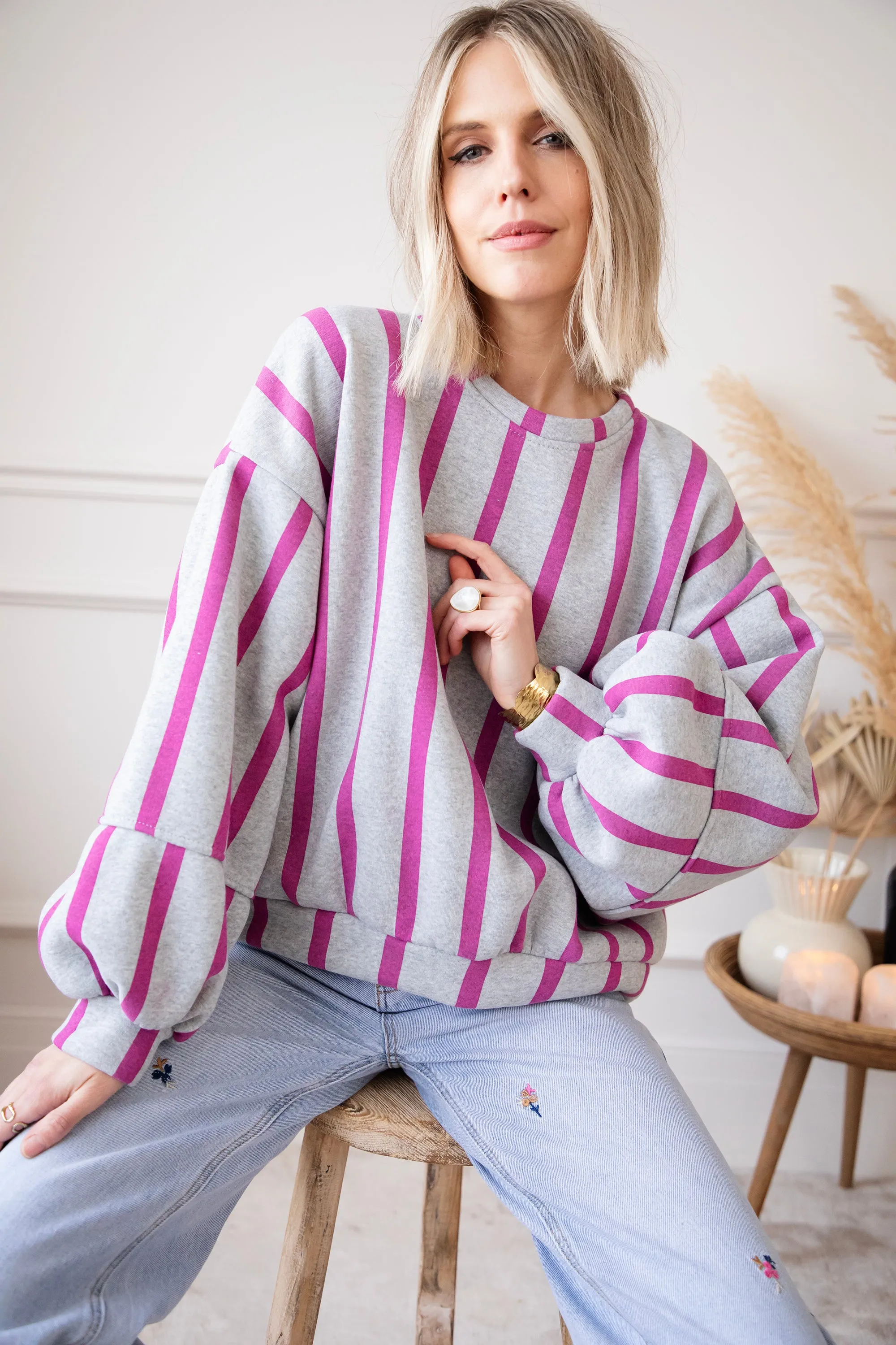 Snuggle Up In Stripes Grey/Plum - Sweater
