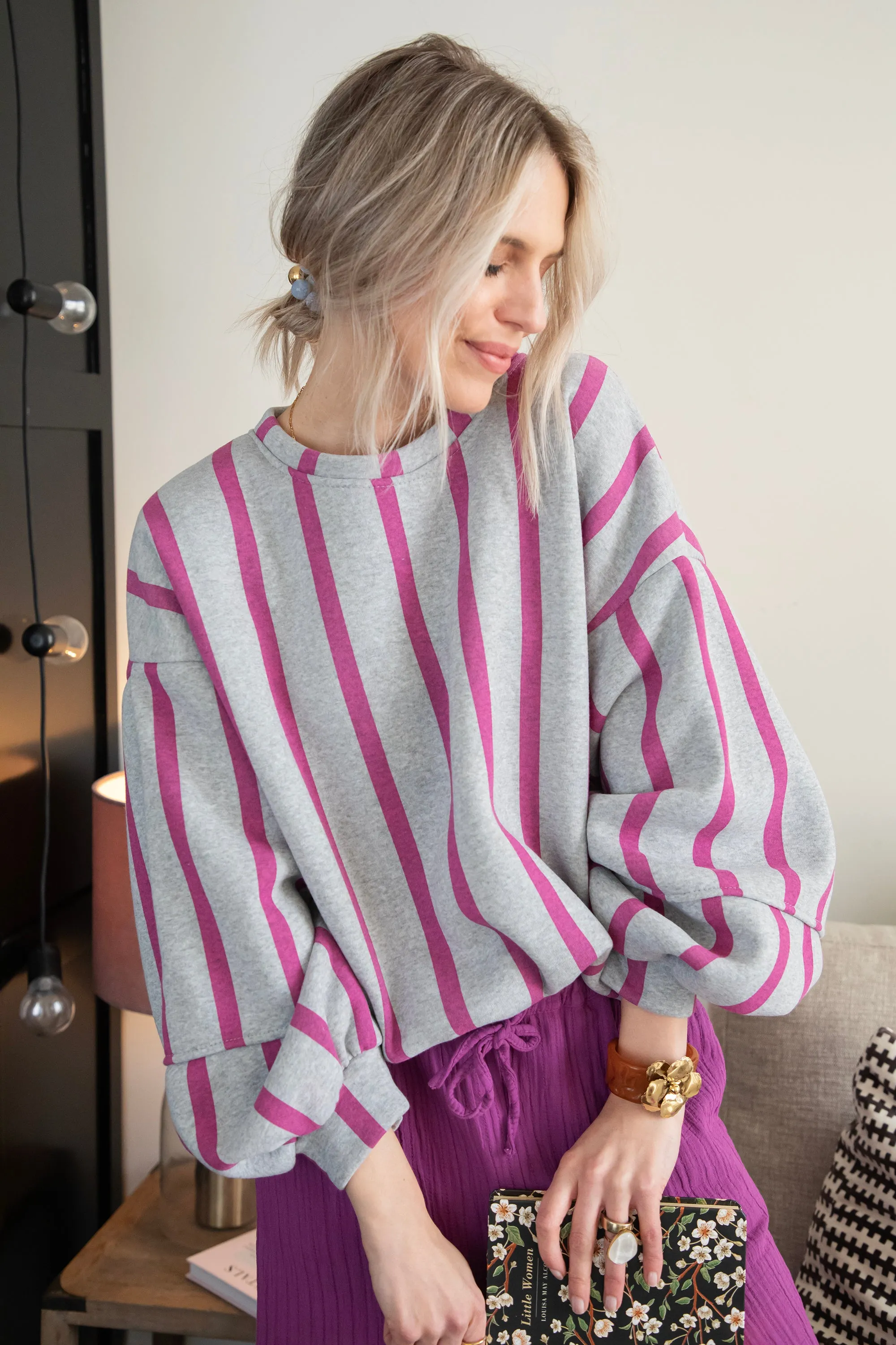 Snuggle Up In Stripes Grey/Plum - Sweater