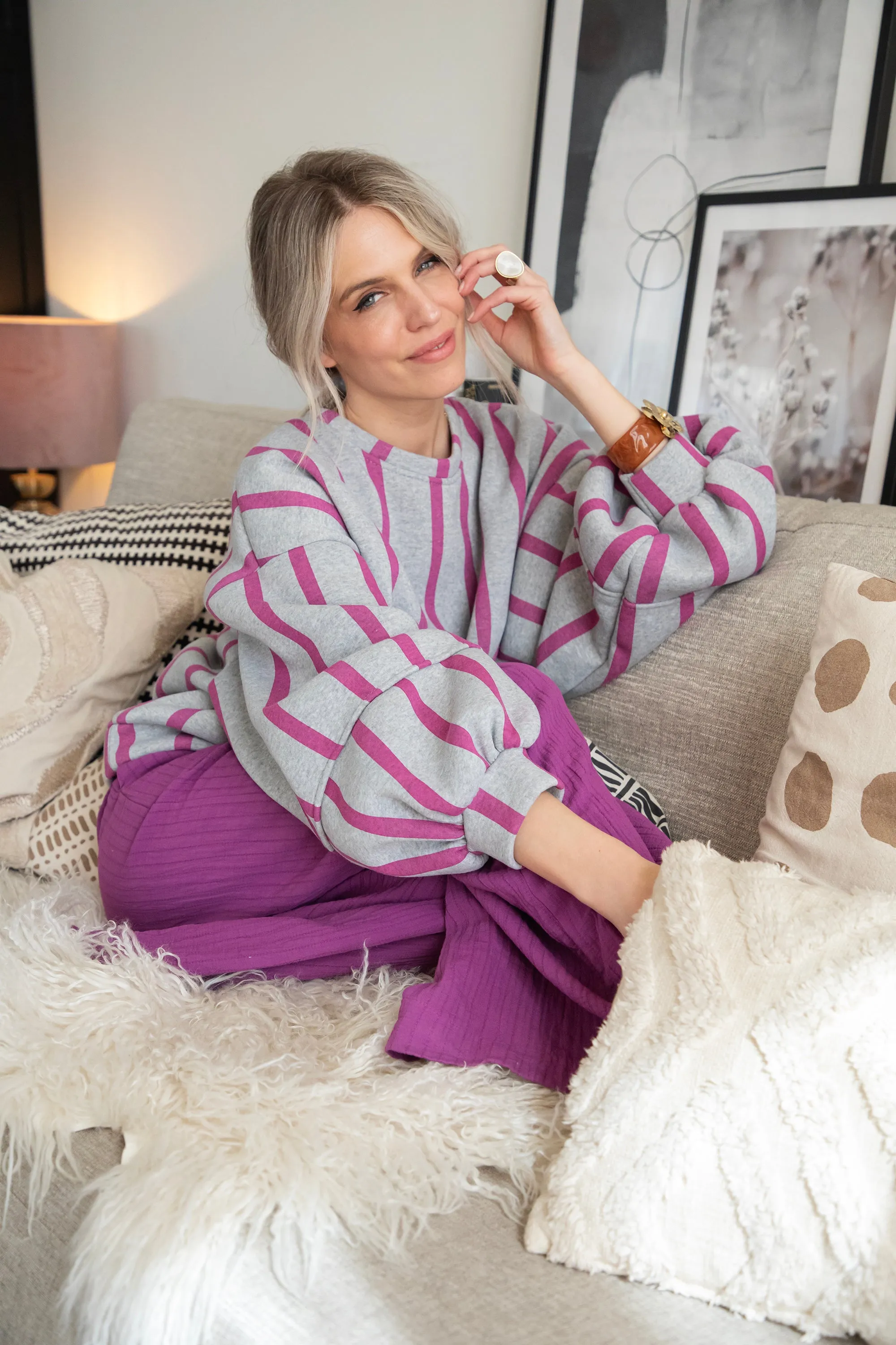 Snuggle Up In Stripes Grey/Plum - Sweater