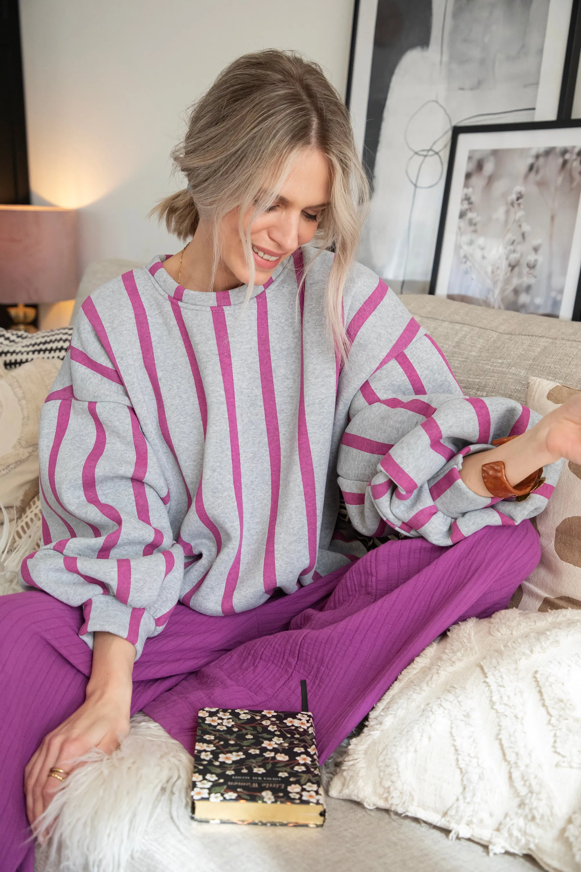 Snuggle Up In Stripes Grey/Plum - Sweater