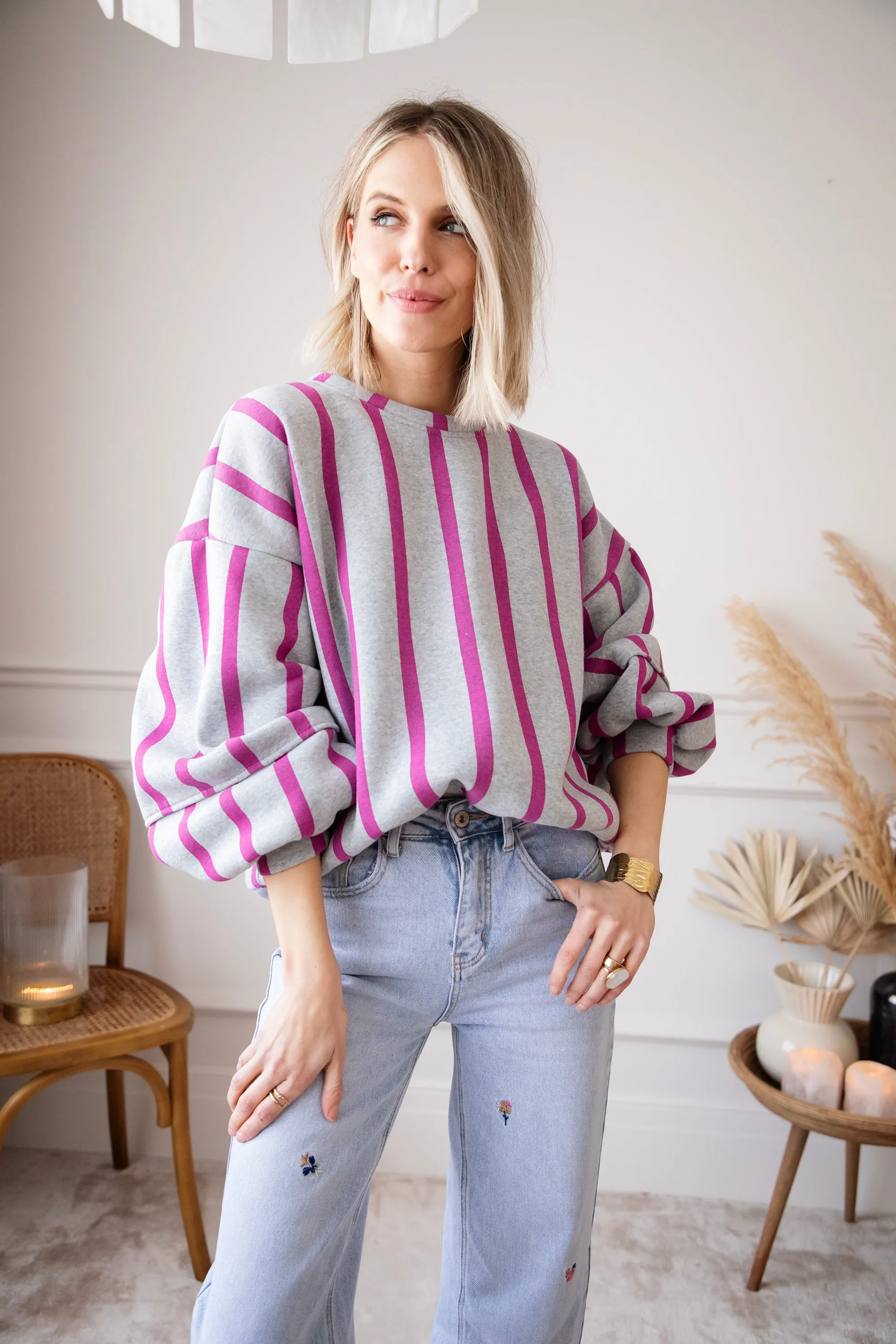Snuggle Up In Stripes Grey/Plum - Sweater