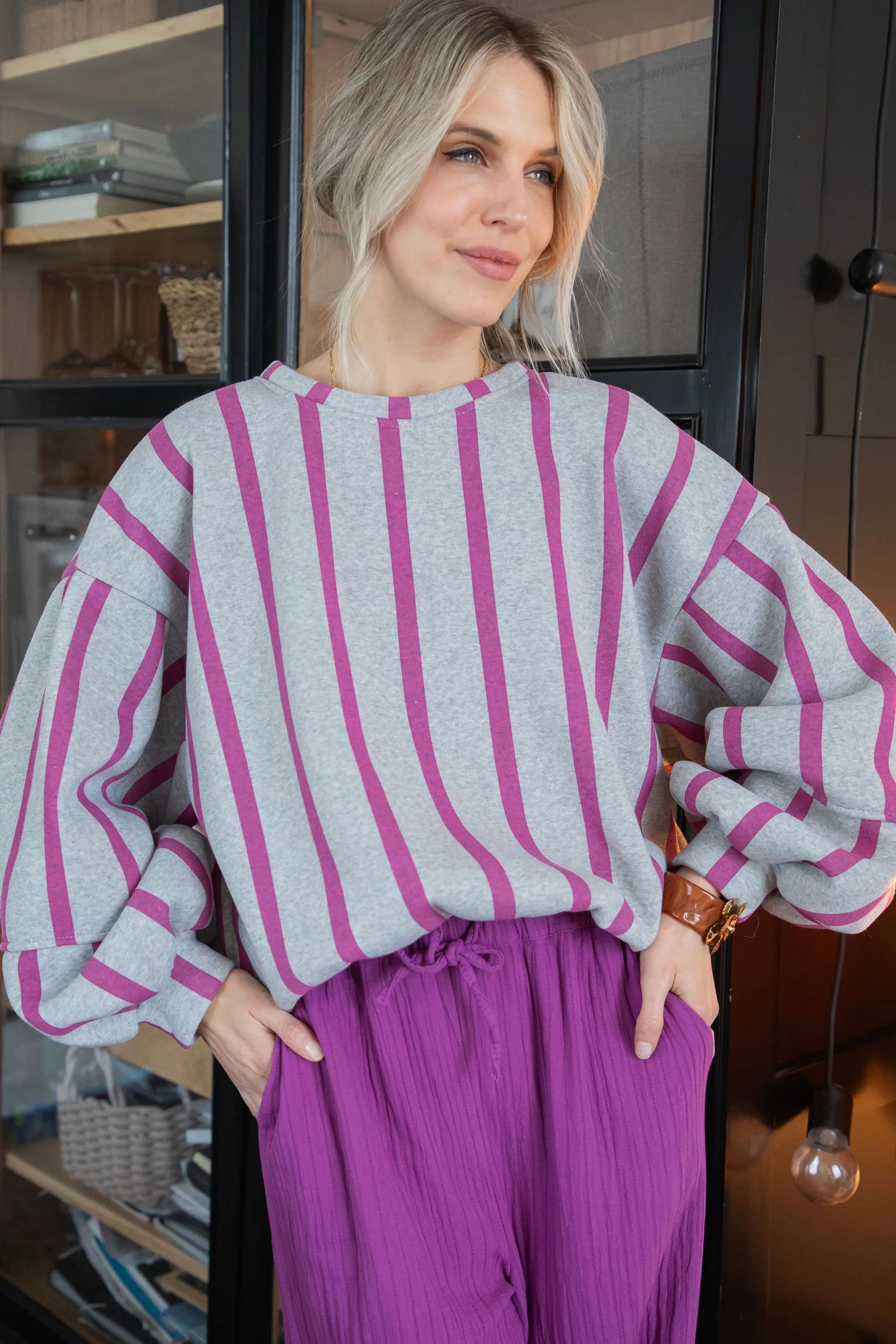 Snuggle Up In Stripes Grey/Plum - Sweater