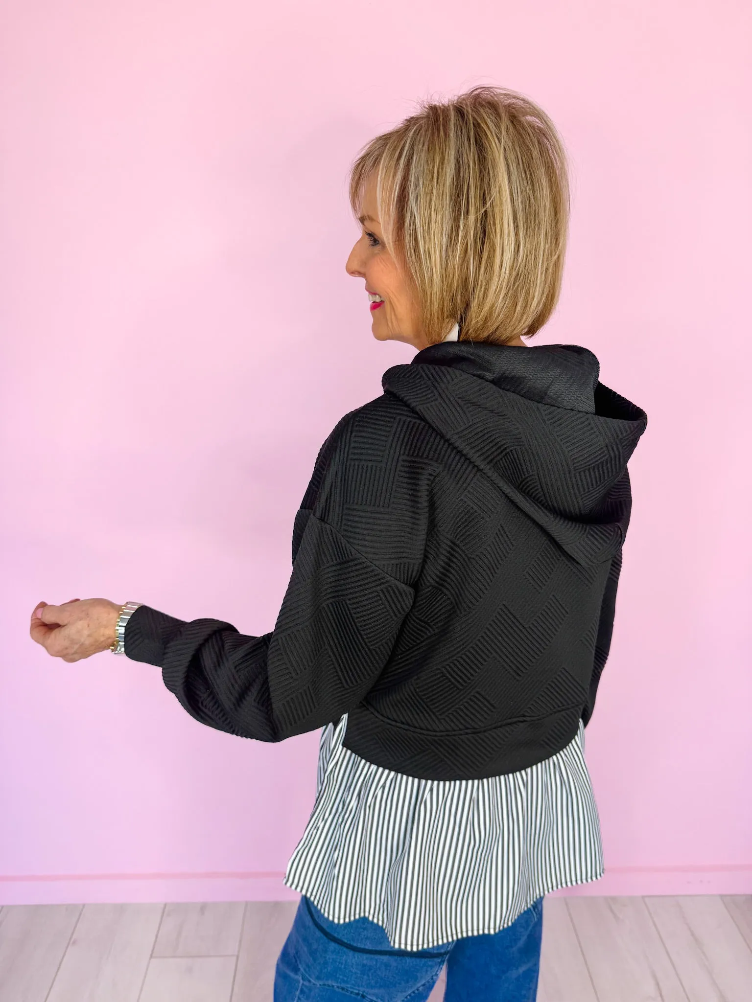 TAKE YOUR TIME TEXTURED CONTRAST HOODIE - BLACK