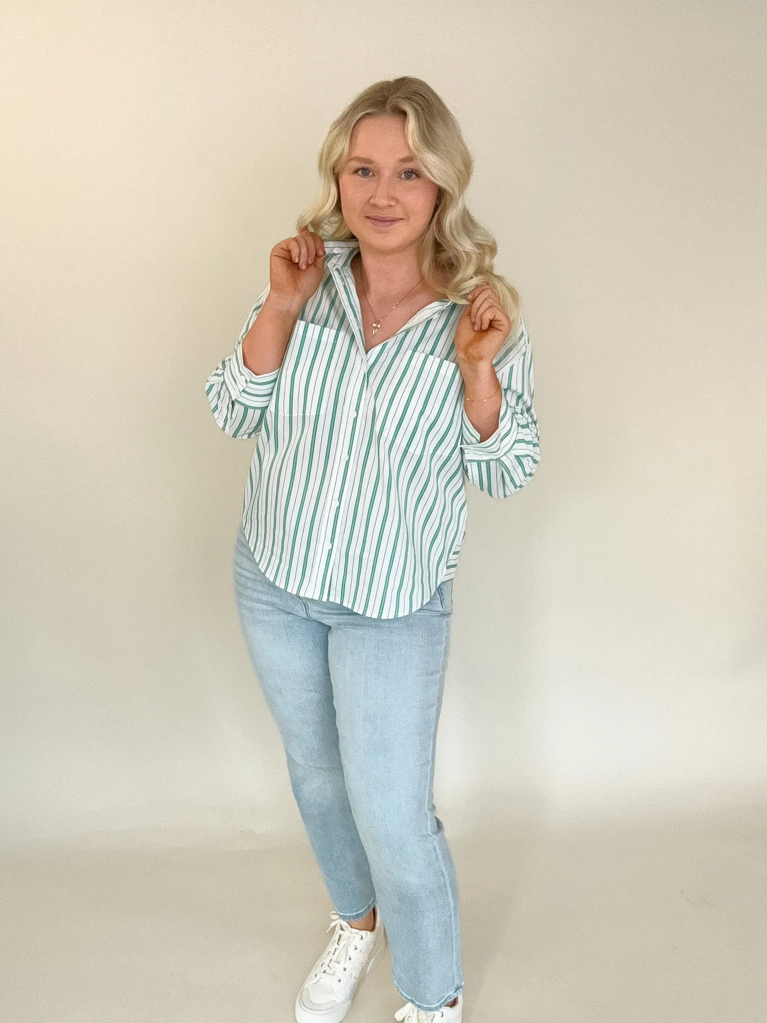 Teal White Stripe Button 3/4 Sleeve