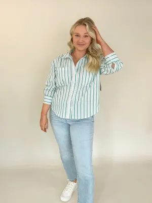 Teal White Stripe Button 3/4 Sleeve