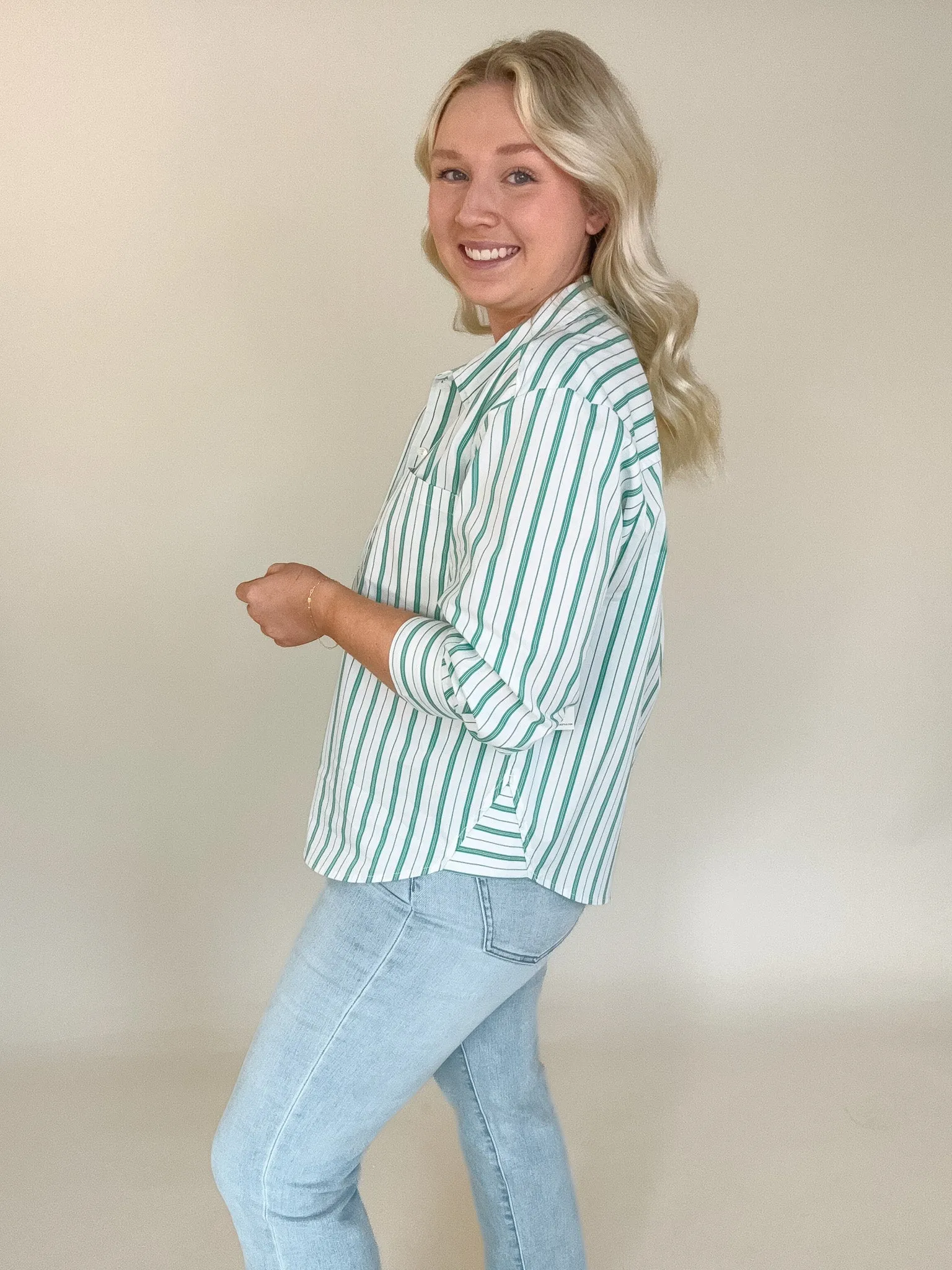 Teal White Stripe Button 3/4 Sleeve
