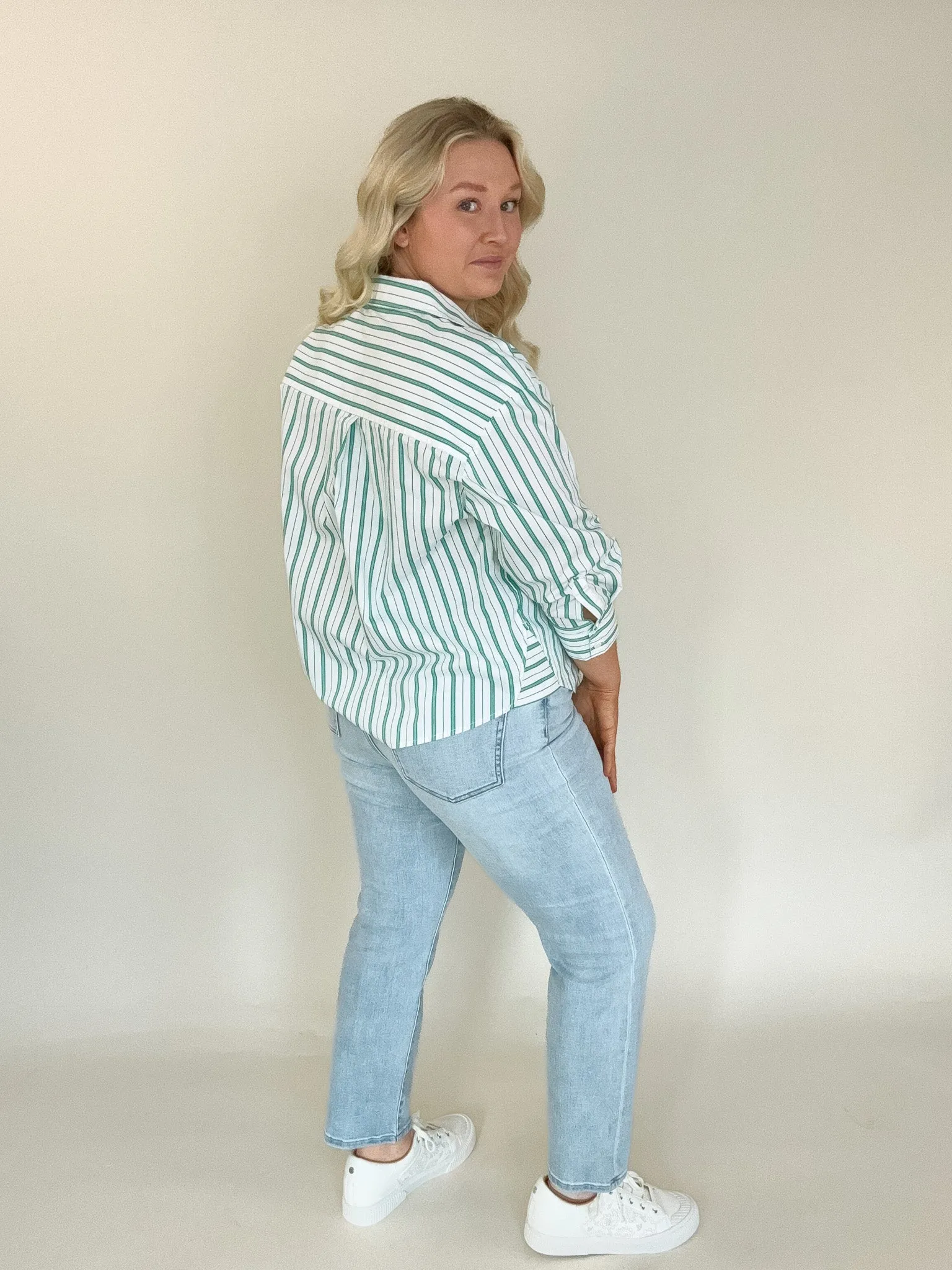Teal White Stripe Button 3/4 Sleeve