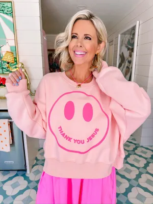 THANK YOU JESUS SMILEY PUFF CROP SWEATSHIRT - PINK