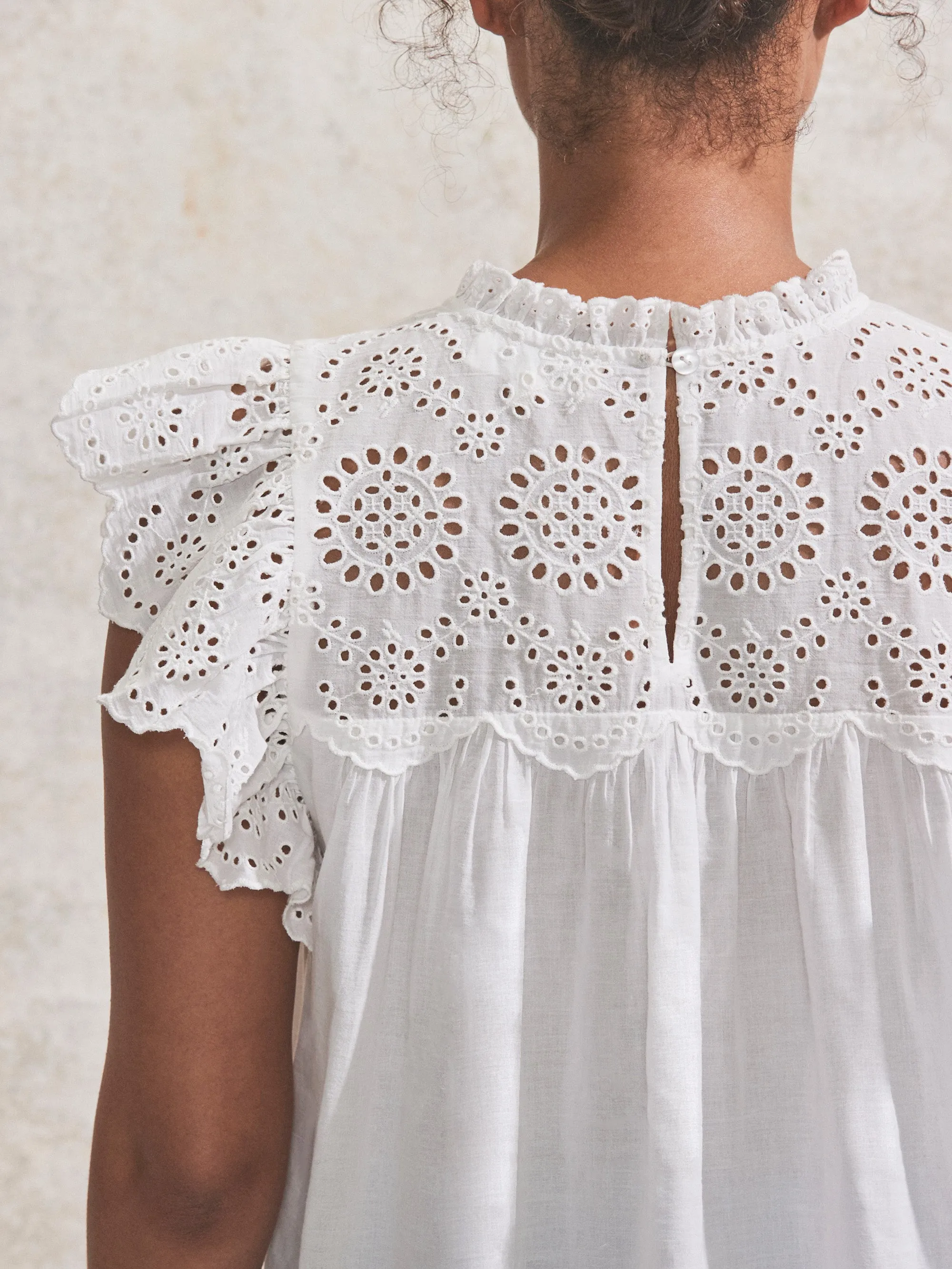 White Broderie Anglaise Flutter-Sleeve Top