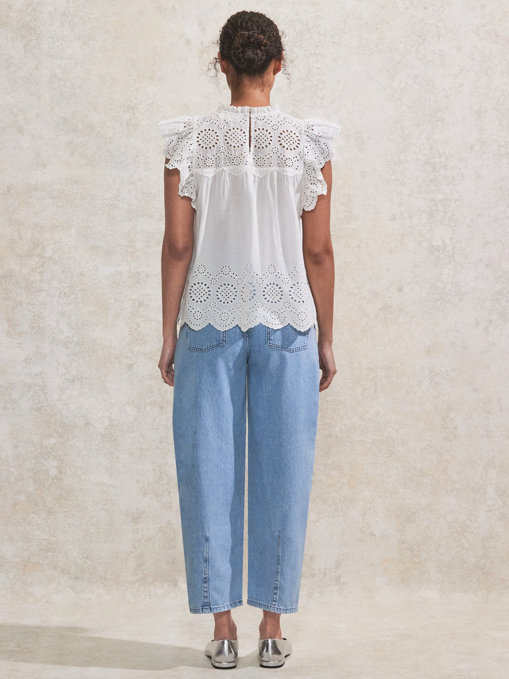 White Broderie Anglaise Flutter-Sleeve Top