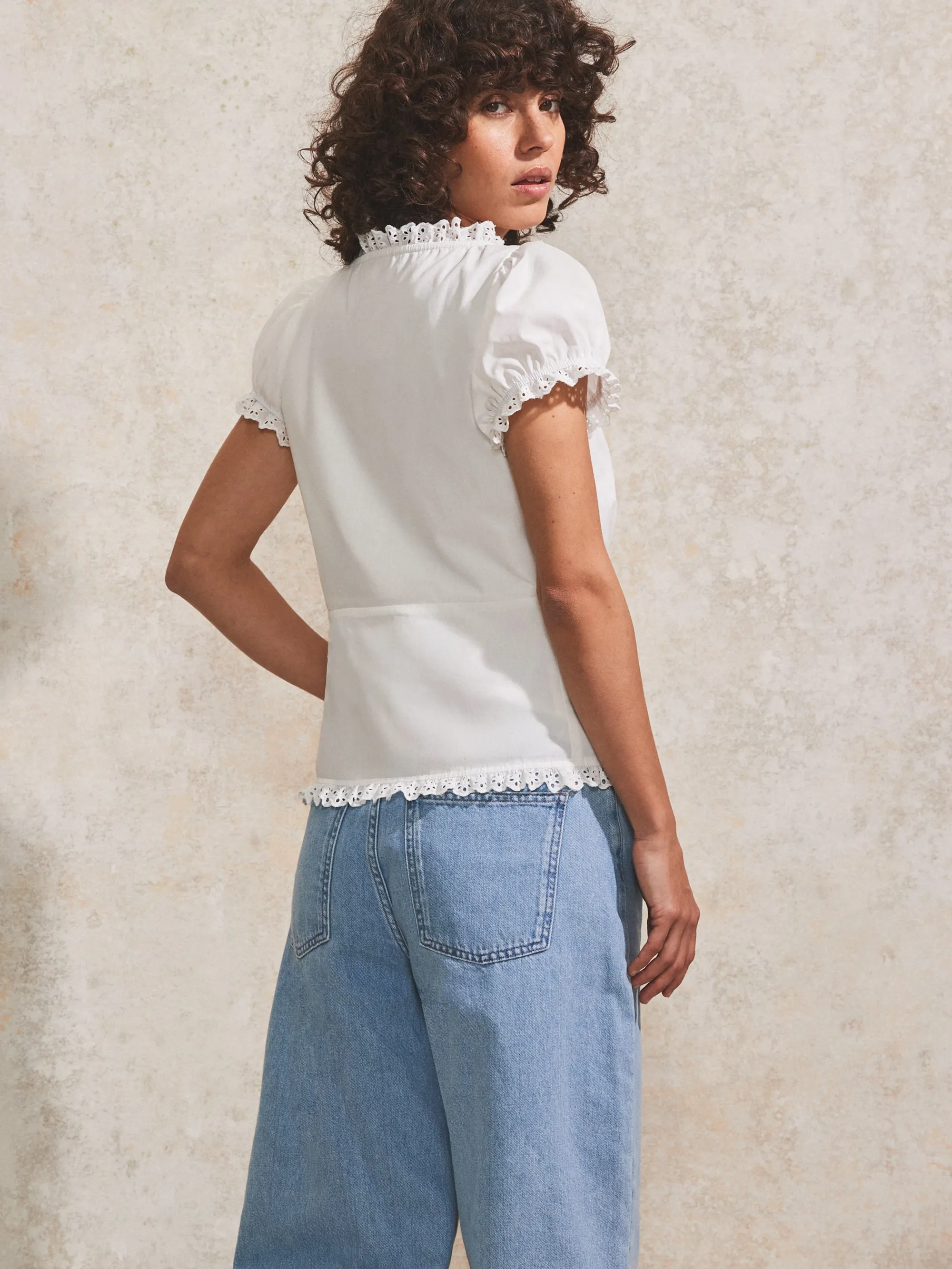 White Lace-Trim Puff-Sleeve Blouse