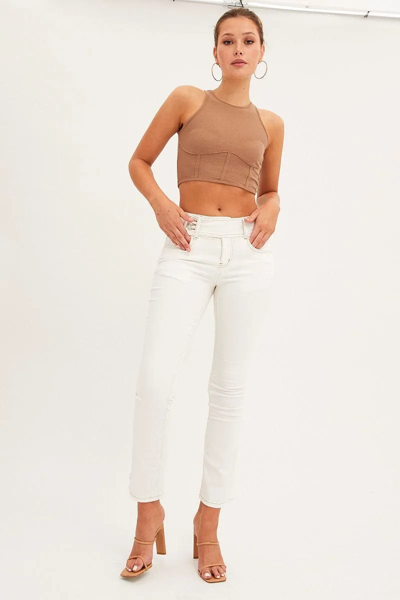 White Low Waist Belted Flared Jeans