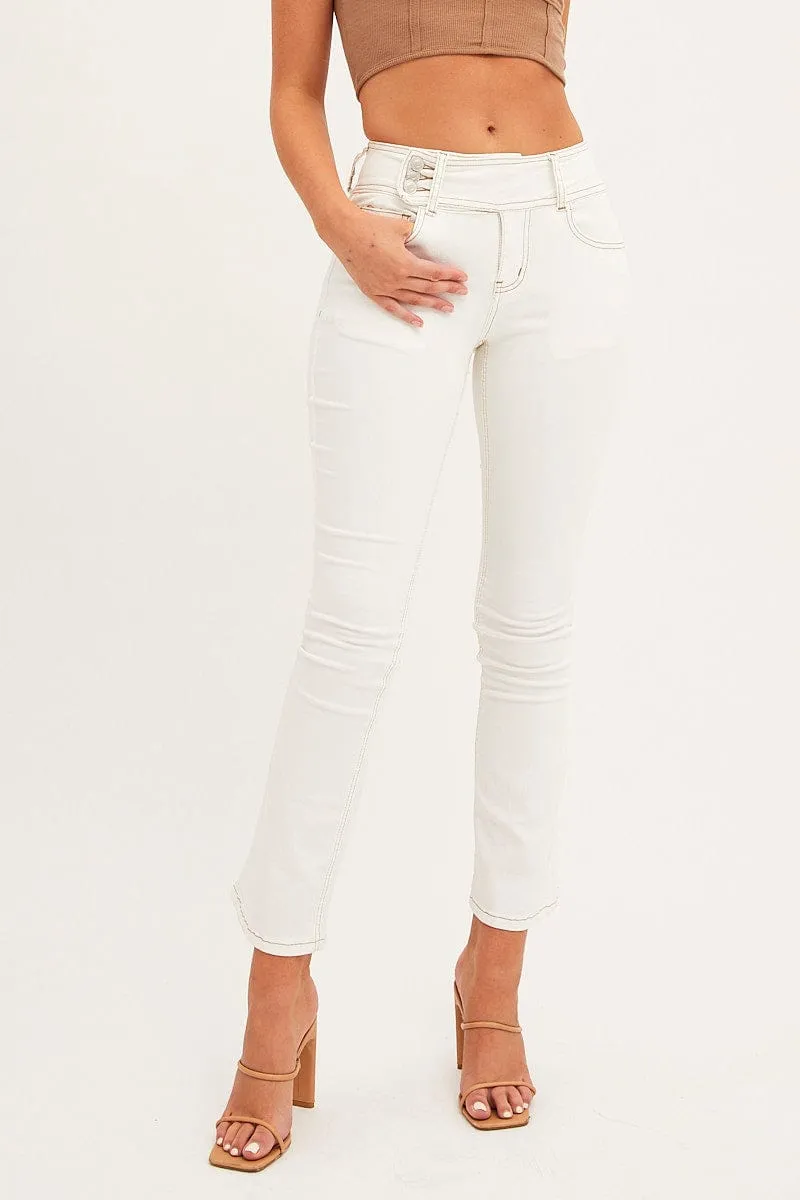 White Low Waist Belted Flared Jeans