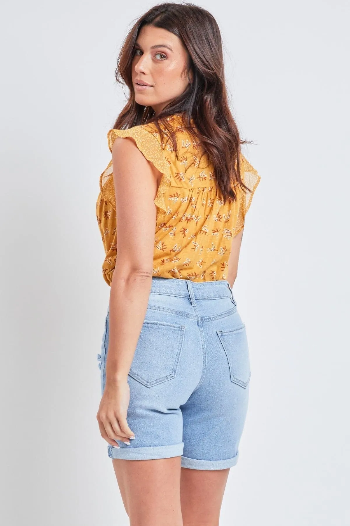 Women's Vintage High Rise 7 Inseam Roll Cuff Shorts with Lycra