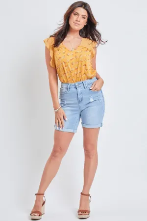 Women's Vintage High Rise 7 Inseam Roll Cuff Shorts with Lycra