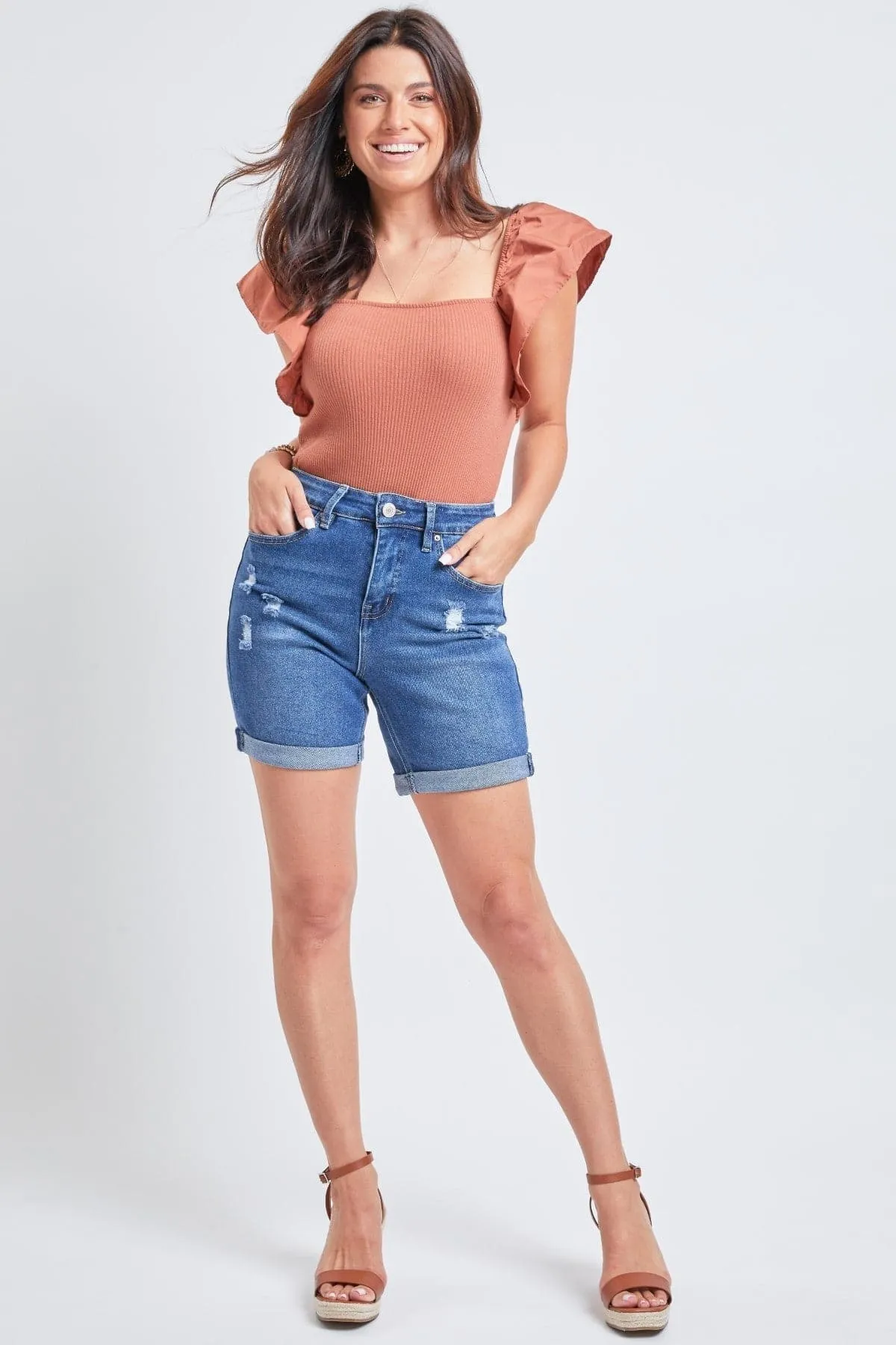 Women's Vintage High Rise 7 Inseam Roll Cuff Shorts with Lycra