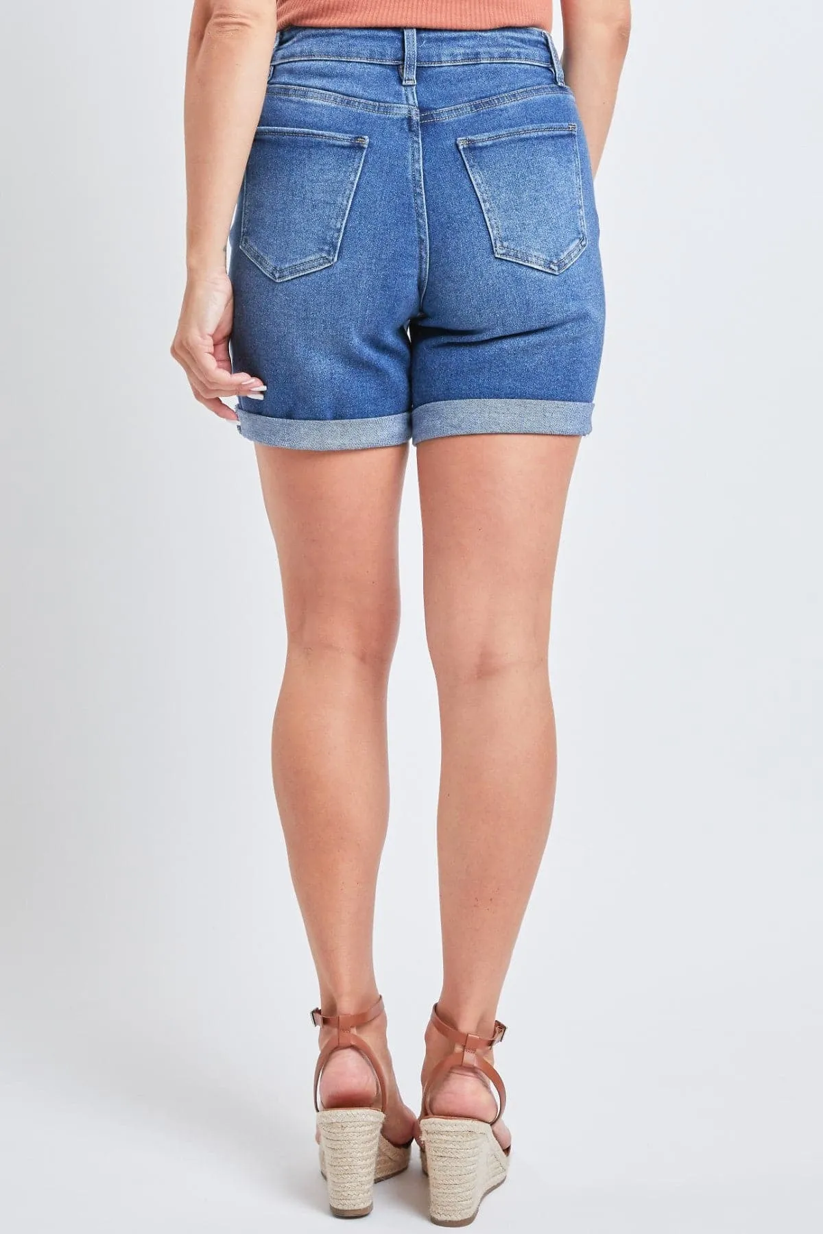 Women's Vintage High Rise 7 Inseam Roll Cuff Shorts with Lycra