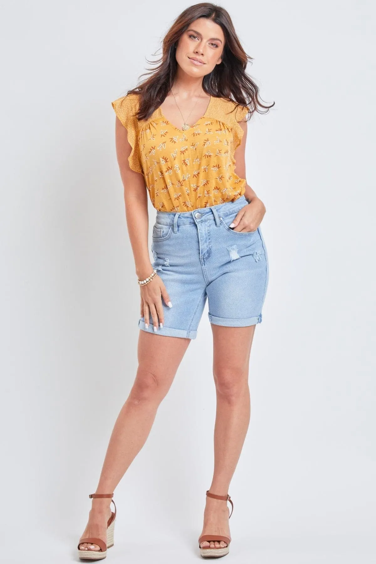 Women's Vintage High Rise 7 Inseam Roll Cuff Shorts with Lycra